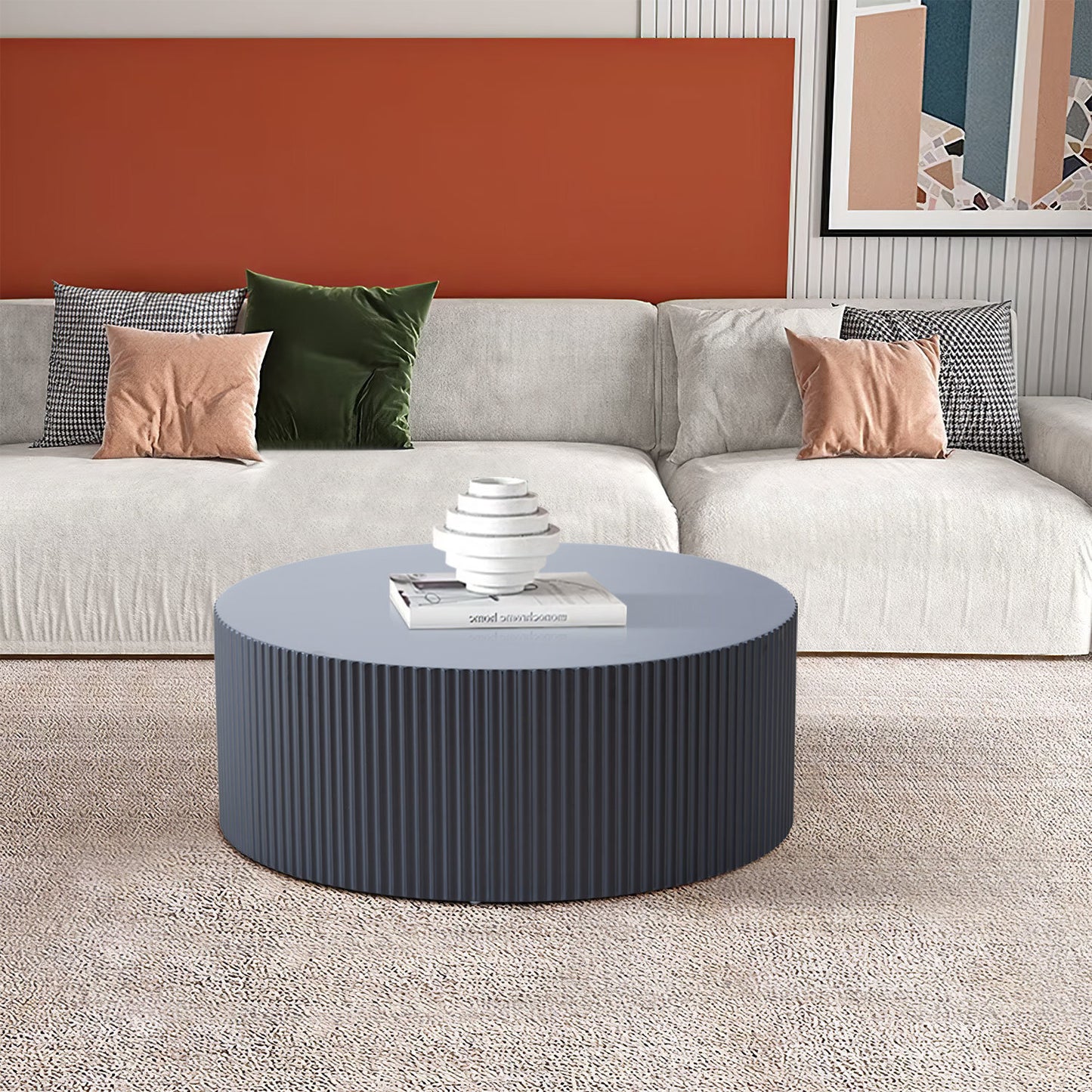 Sleek And Modern Round Coffee Table With Eye-catching Relief Design; Black - As Pic