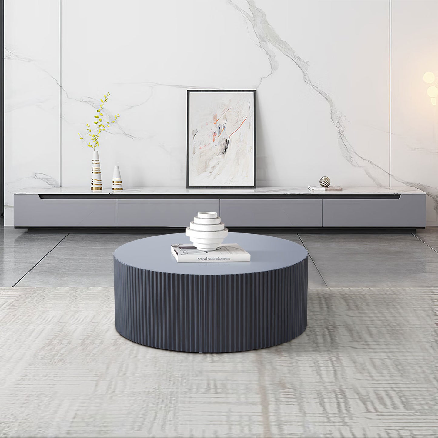 Sleek And Modern Round Coffee Table With Eye-catching Relief Design; Black - As Pic