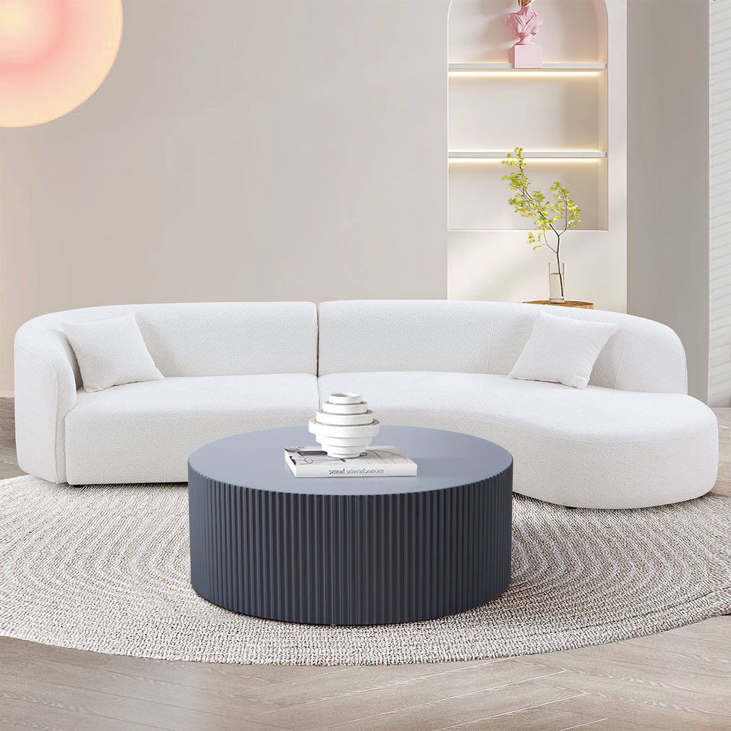 Sleek And Modern Round Coffee Table With Eye-catching Relief Design; Black - As Pic