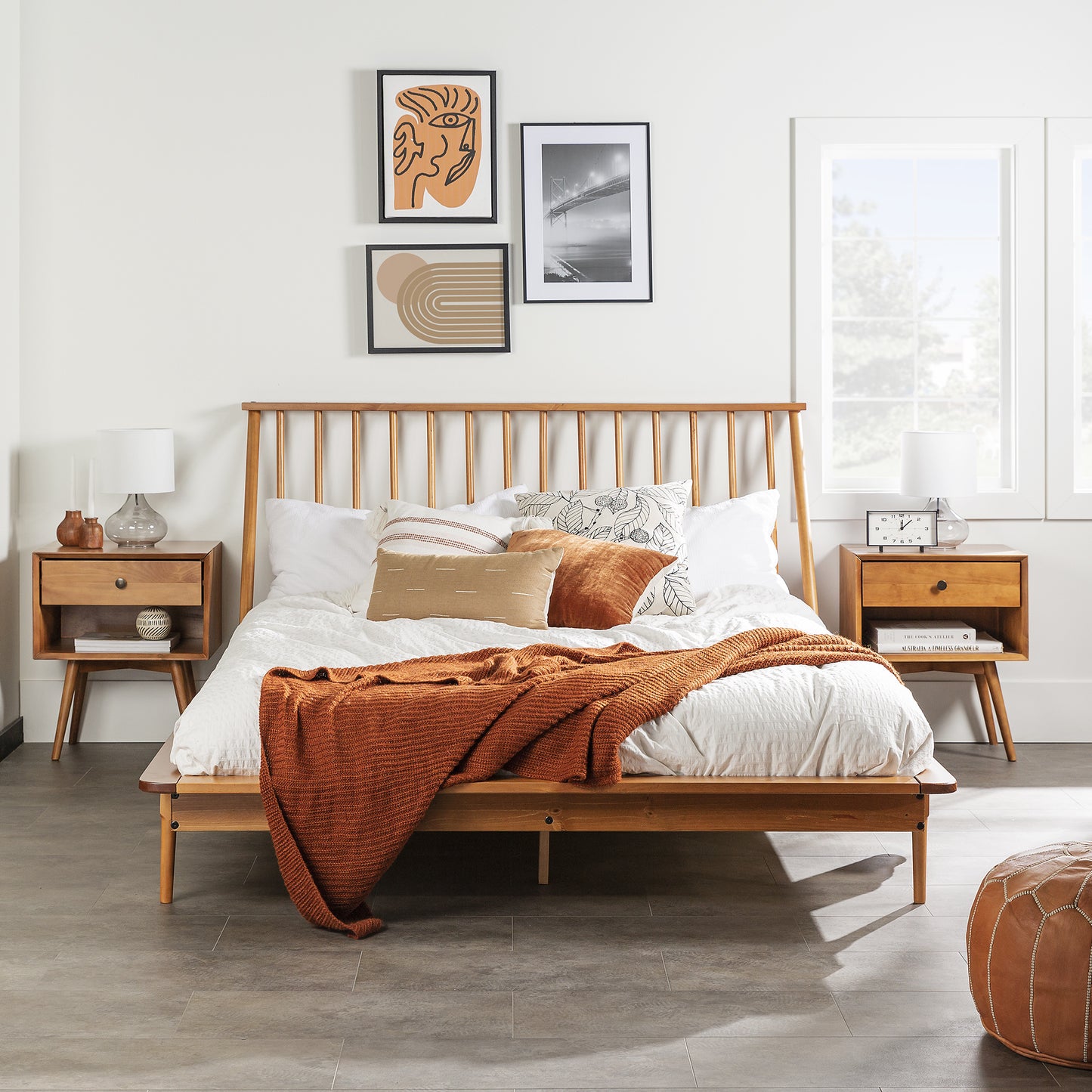 Mid-century Modern Solid Wood Queen Platform Bed Frame With Spindle Headboard - Caramel - As Pic