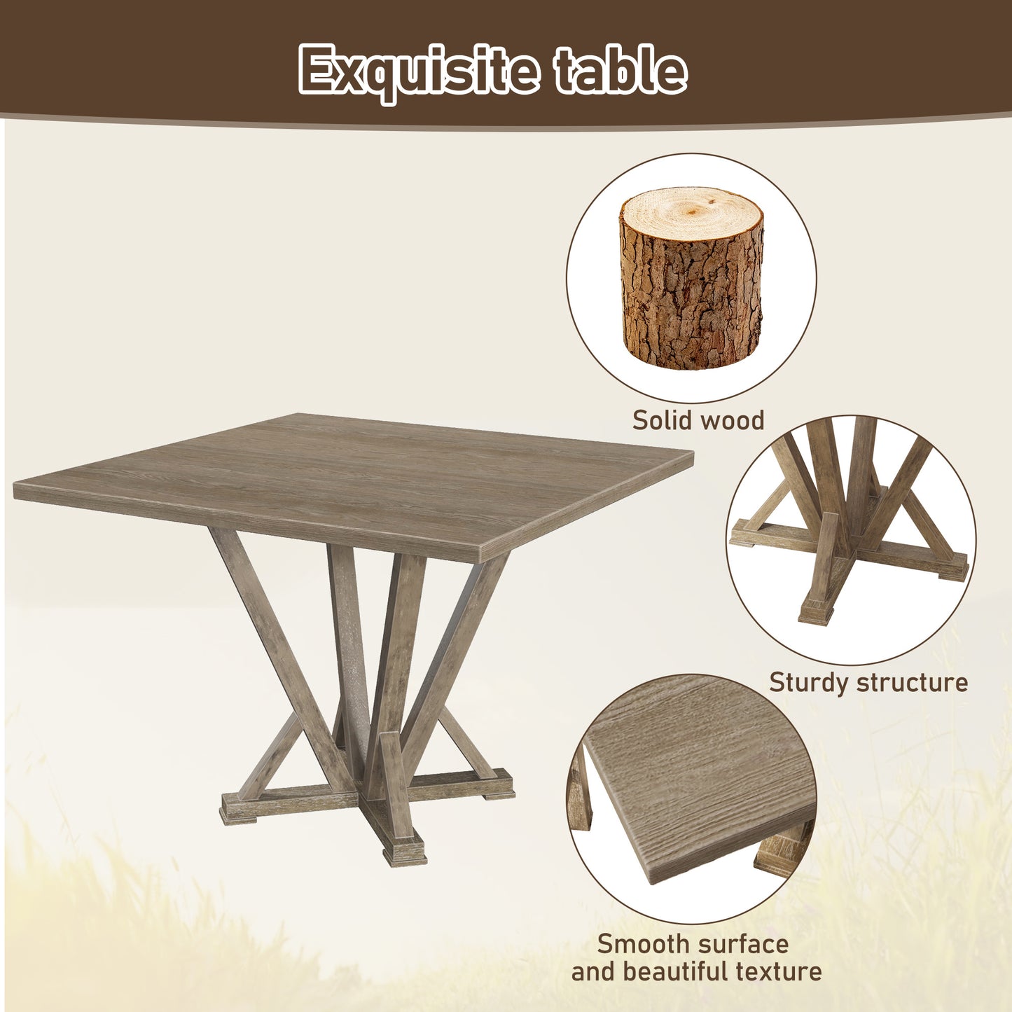 Modern Farmhouse Square Counter Table 45inch Solid Wood Rubberwood Antique Finishing Rustic Look Distressed Look Wire Brushed For 4 Seaters 36inch Height - As Pic