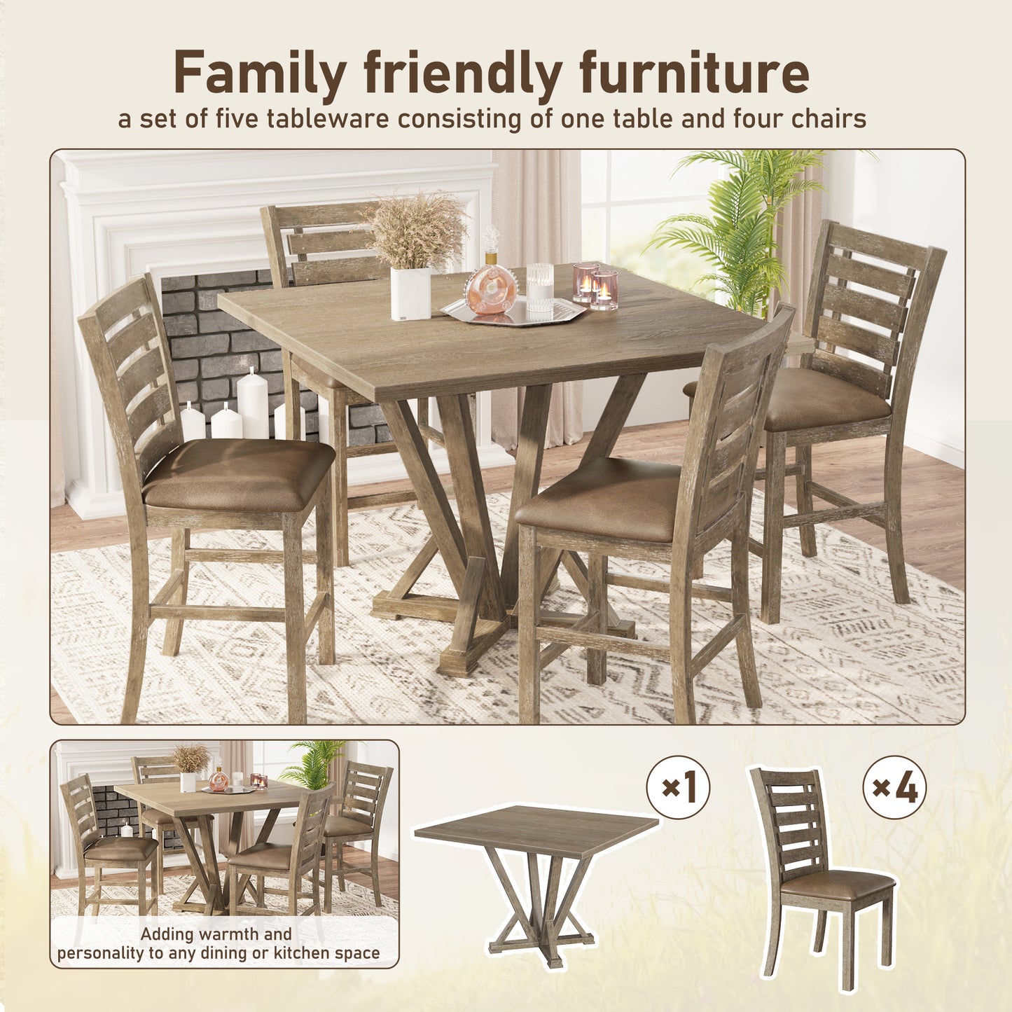 Modern Farmhouse Square Counter Table 45inch Solid Wood Rubberwood Antique Finishing Rustic Look Distressed Look Wire Brushed For 4 Seaters 36inch Height - As Pic