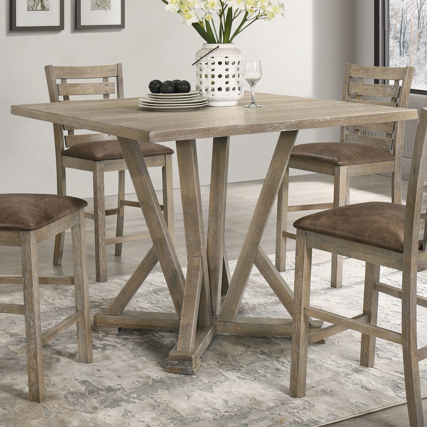 Modern Farmhouse Square Counter Table 45inch Solid Wood Rubberwood Antique Finishing Rustic Look Distressed Look Wire Brushed For 4 Seaters 36inch Height - As Pic
