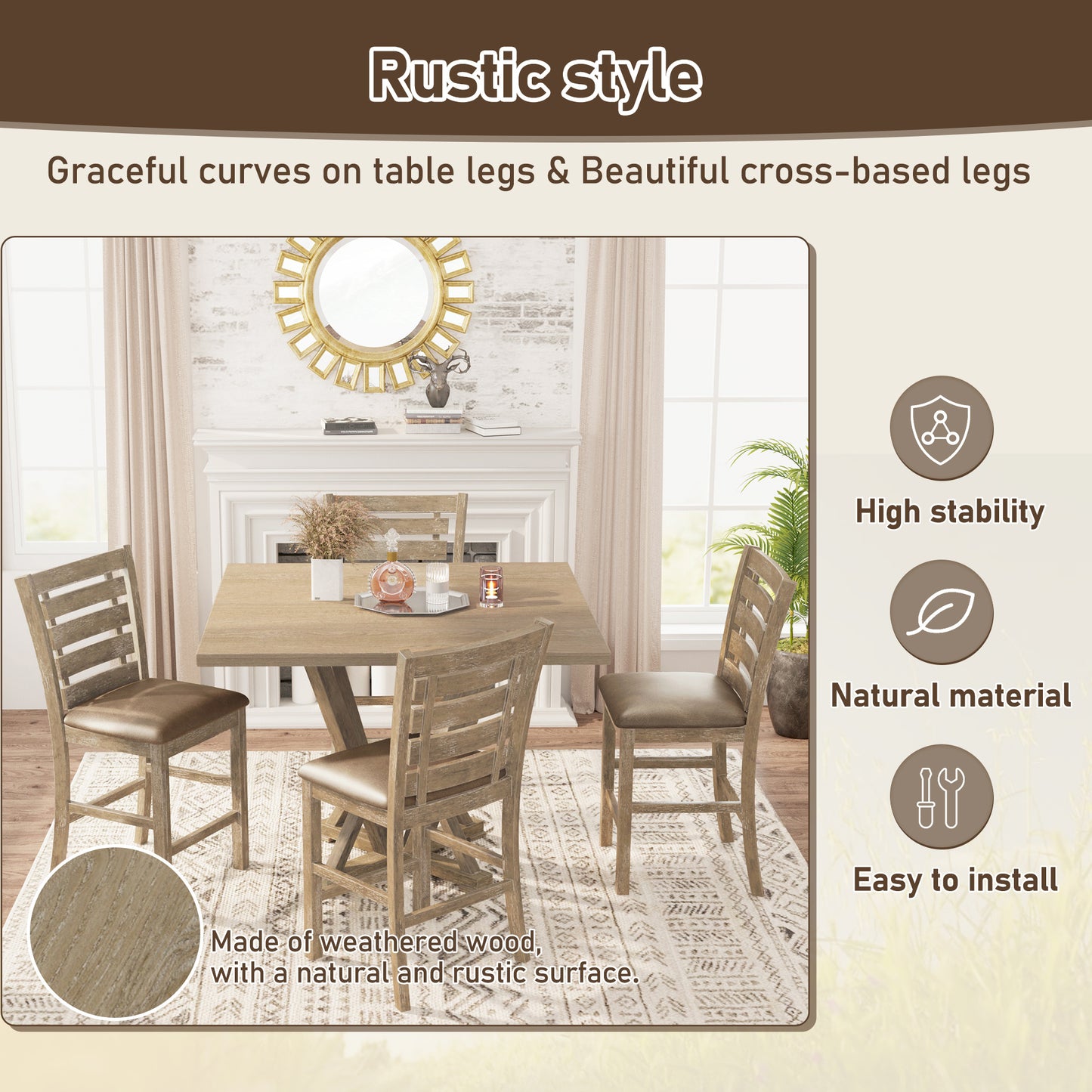 Modern Farmhouse Square Counter Table 45inch Solid Wood Rubberwood Antique Finishing Rustic Look Distressed Look Wire Brushed For 4 Seaters 36inch Height - As Pic