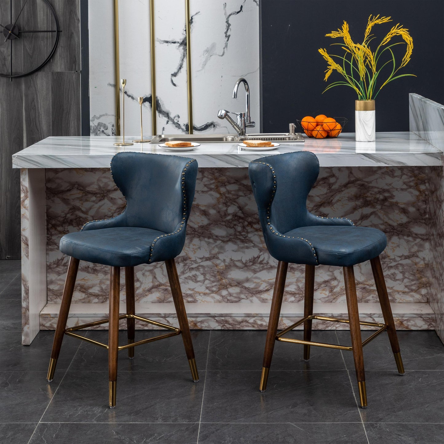 Nevis Mid-century Modern Faux Leather Tufted Nailhead Trim Counter Stool (Set Of 2)