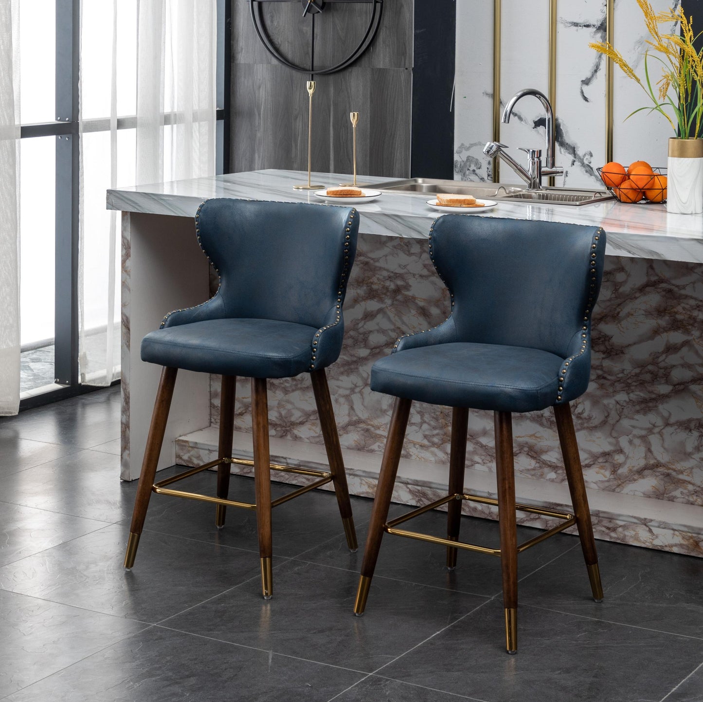 Nevis Mid-century Modern Faux Leather Tufted Nailhead Trim Counter Stool (Set Of 2)