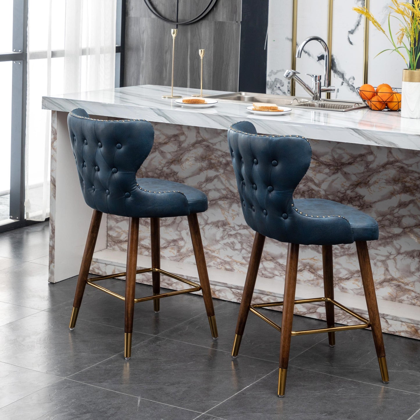 Nevis Mid-century Modern Faux Leather Tufted Nailhead Trim Counter Stool (Set Of 2)