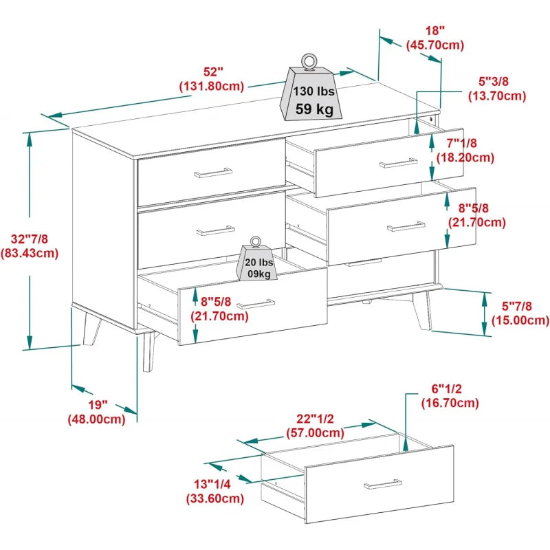 Walker Edison Modern 6-Drawer Dresser 52 inches, Caramel Handle