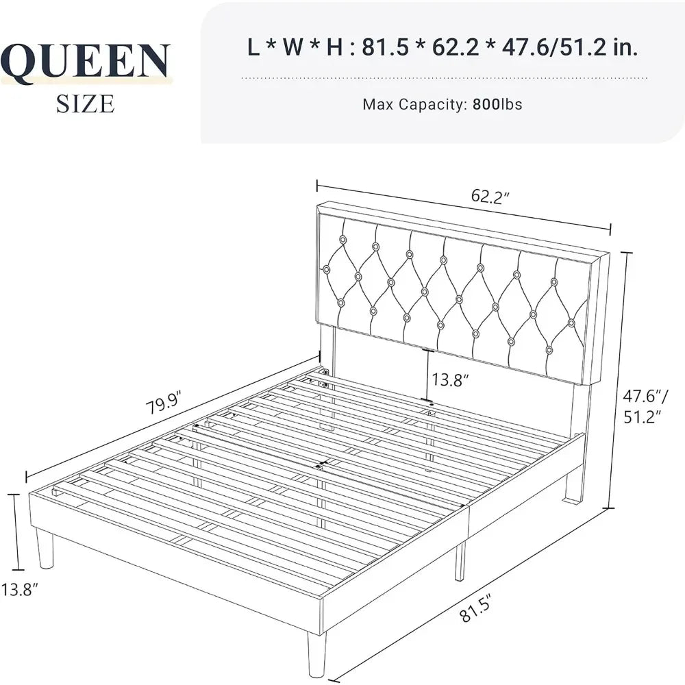 Queen Size Bed Frame Upholstered Platform Bed With Adjustable Headboard