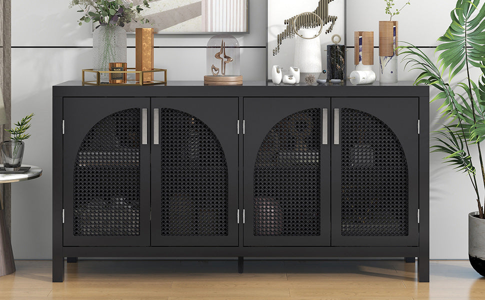 Trexm Large Storage Space Sideboard With Artificial Rattan Door And Metal Handles For Living Room And Entryway (black) - As Pic