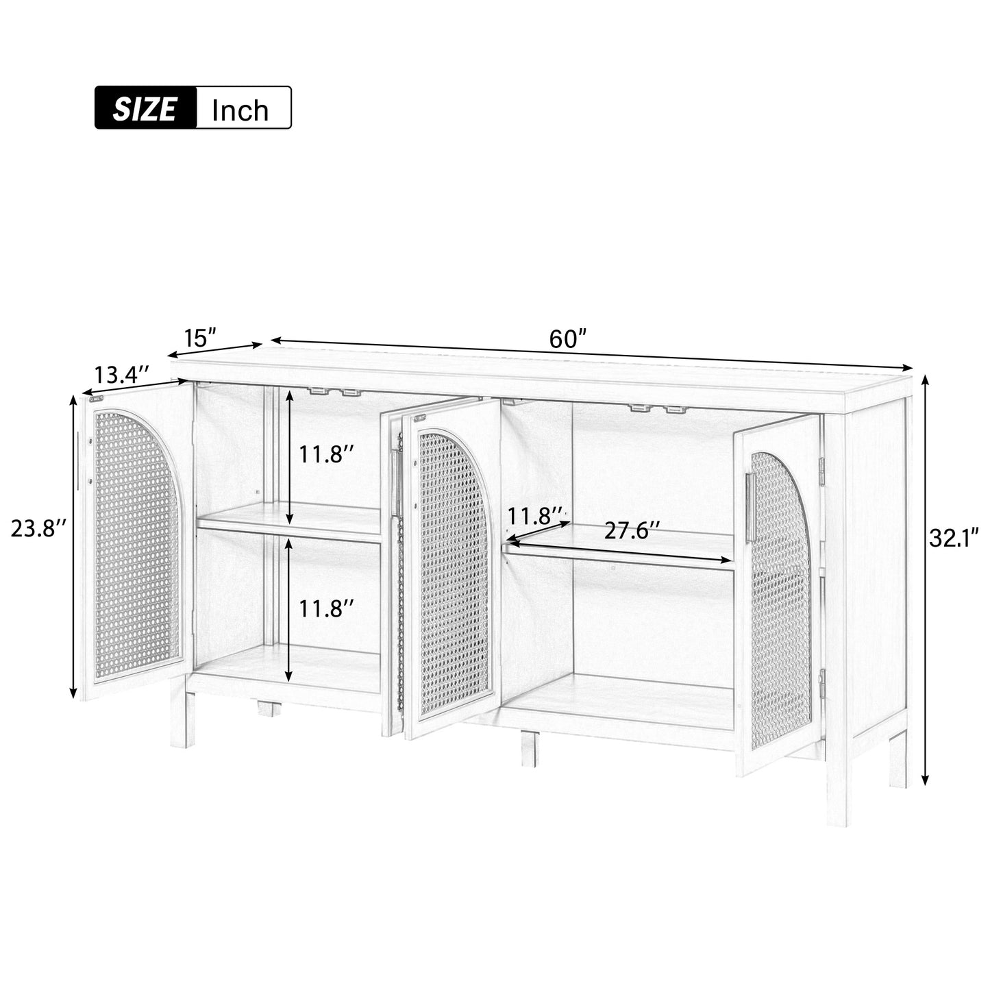 Trexm Large Storage Space Sideboard With Artificial Rattan Door And Metal Handles For Living Room And Entryway (black) - As Pic