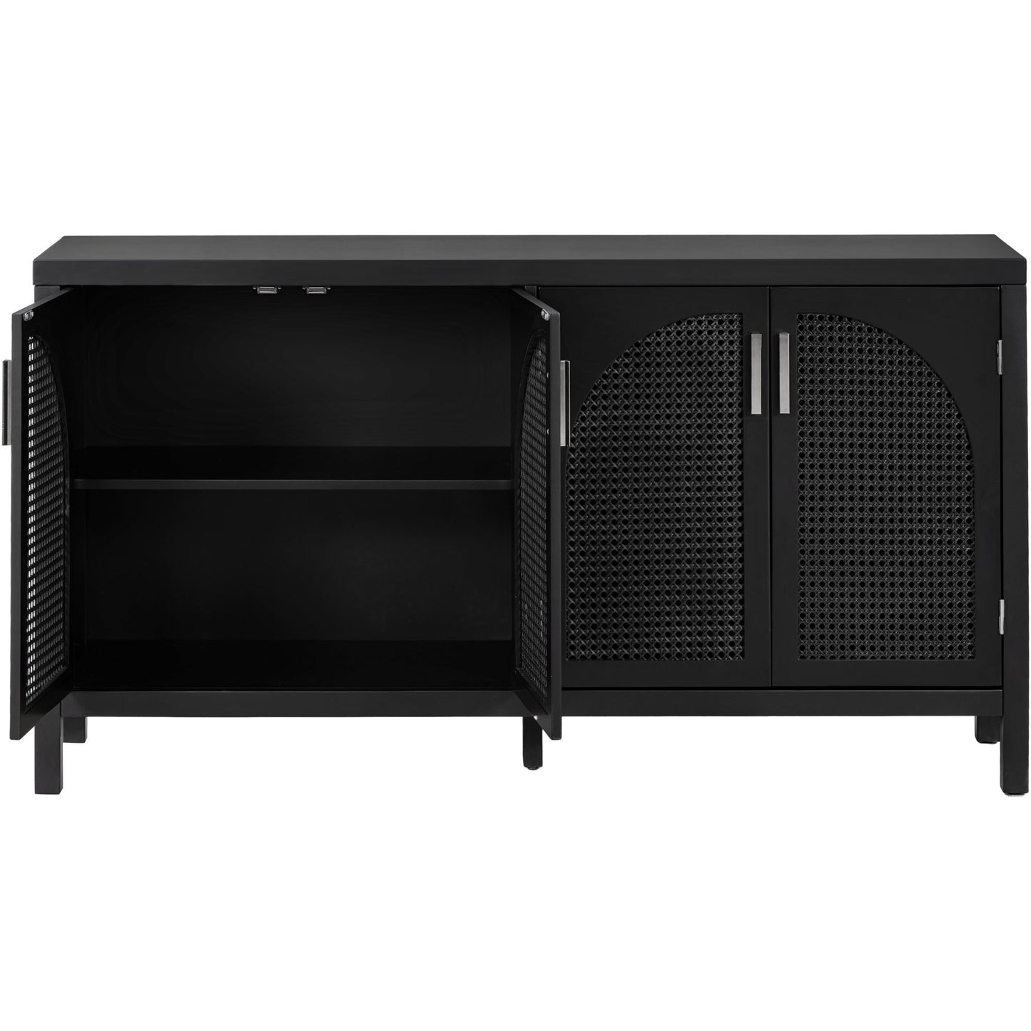 Trexm Large Storage Space Sideboard With Artificial Rattan Door And Metal Handles For Living Room And Entryway (black) - As Pic