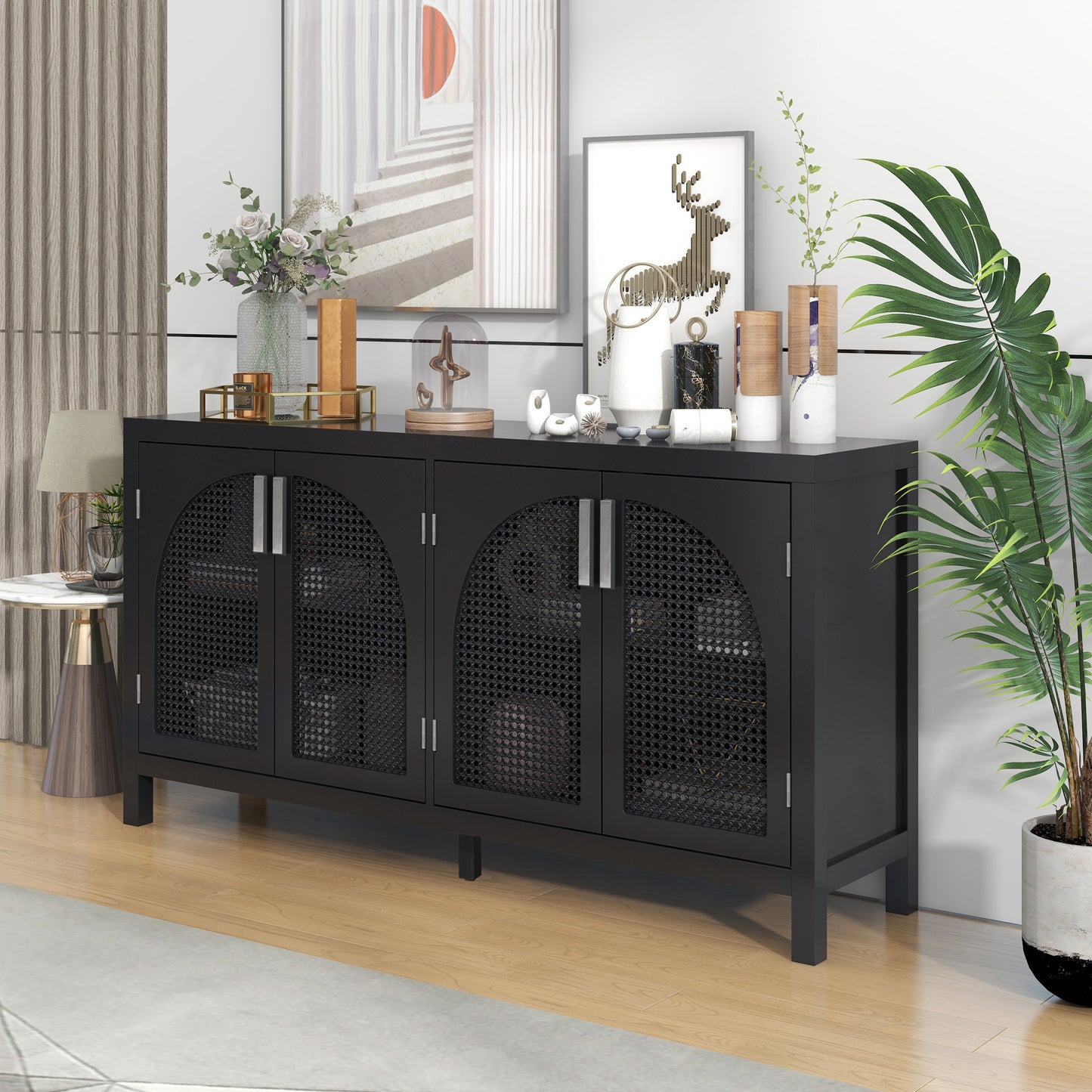 Trexm Large Storage Space Sideboard With Artificial Rattan Door And Metal Handles For Living Room And Entryway (black) - As Pic