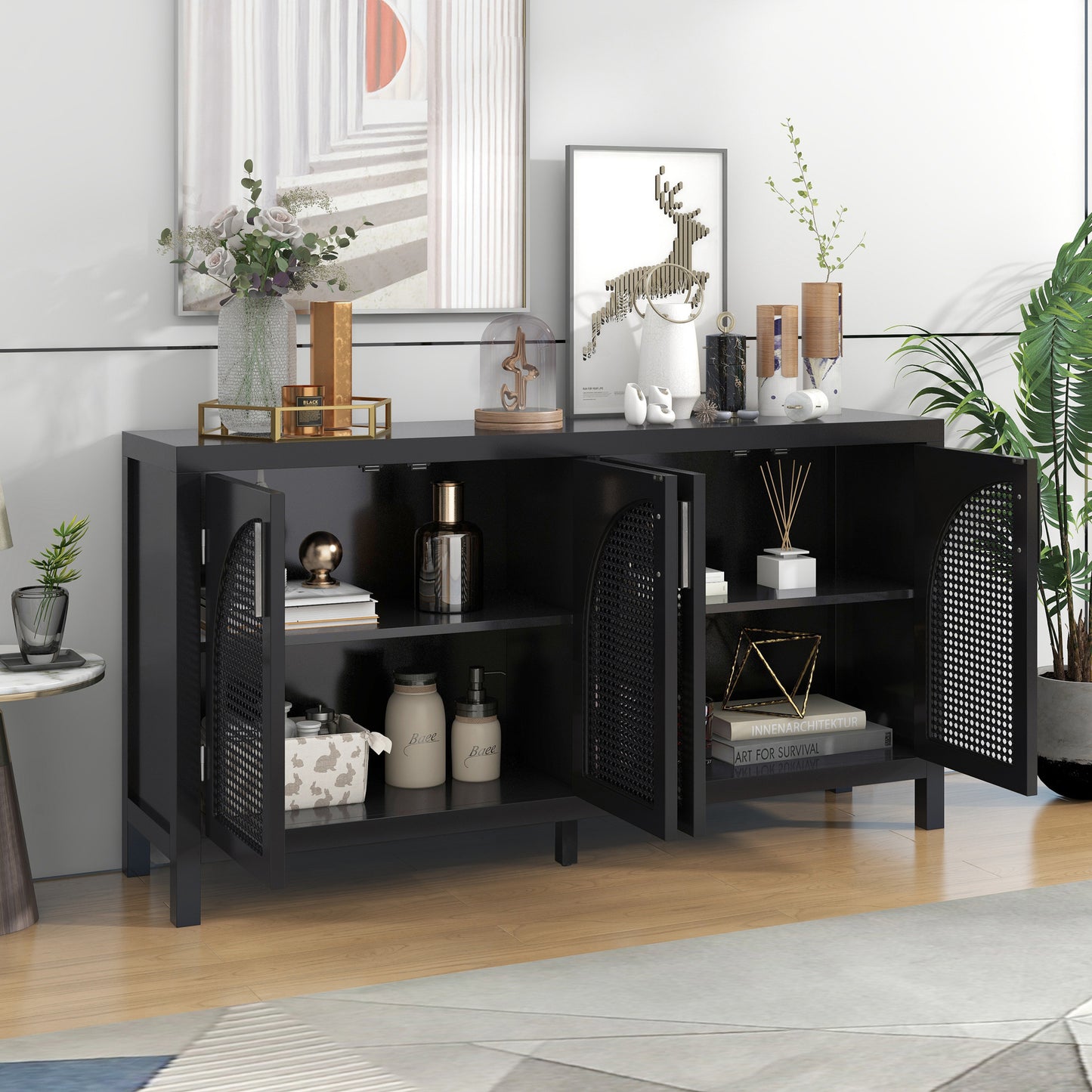 Trexm Large Storage Space Sideboard With Artificial Rattan Door And Metal Handles For Living Room And Entryway (black) - As Pic