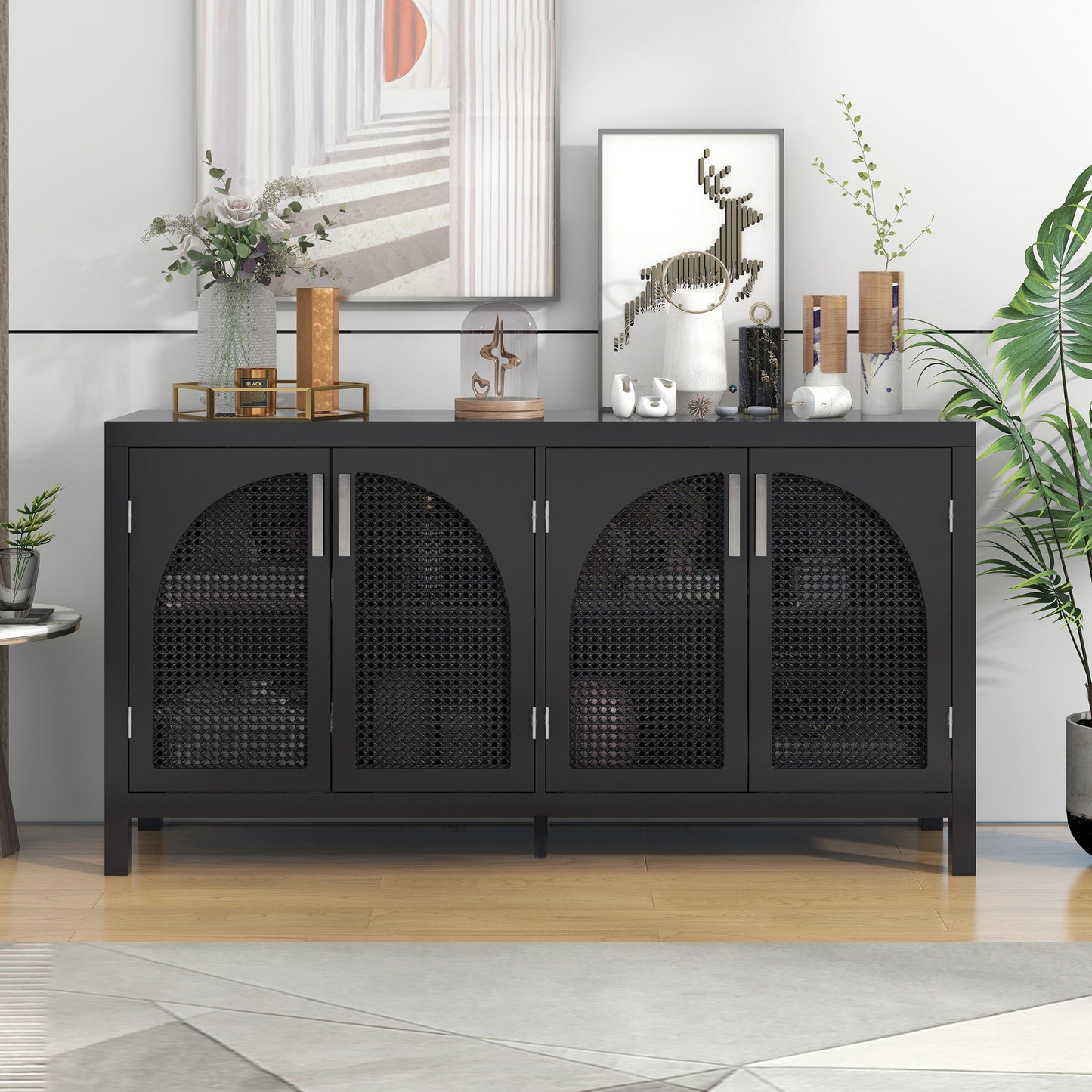 Trexm Large Storage Space Sideboard With Artificial Rattan Door And Metal Handles For Living Room And Entryway (black) - As Pic