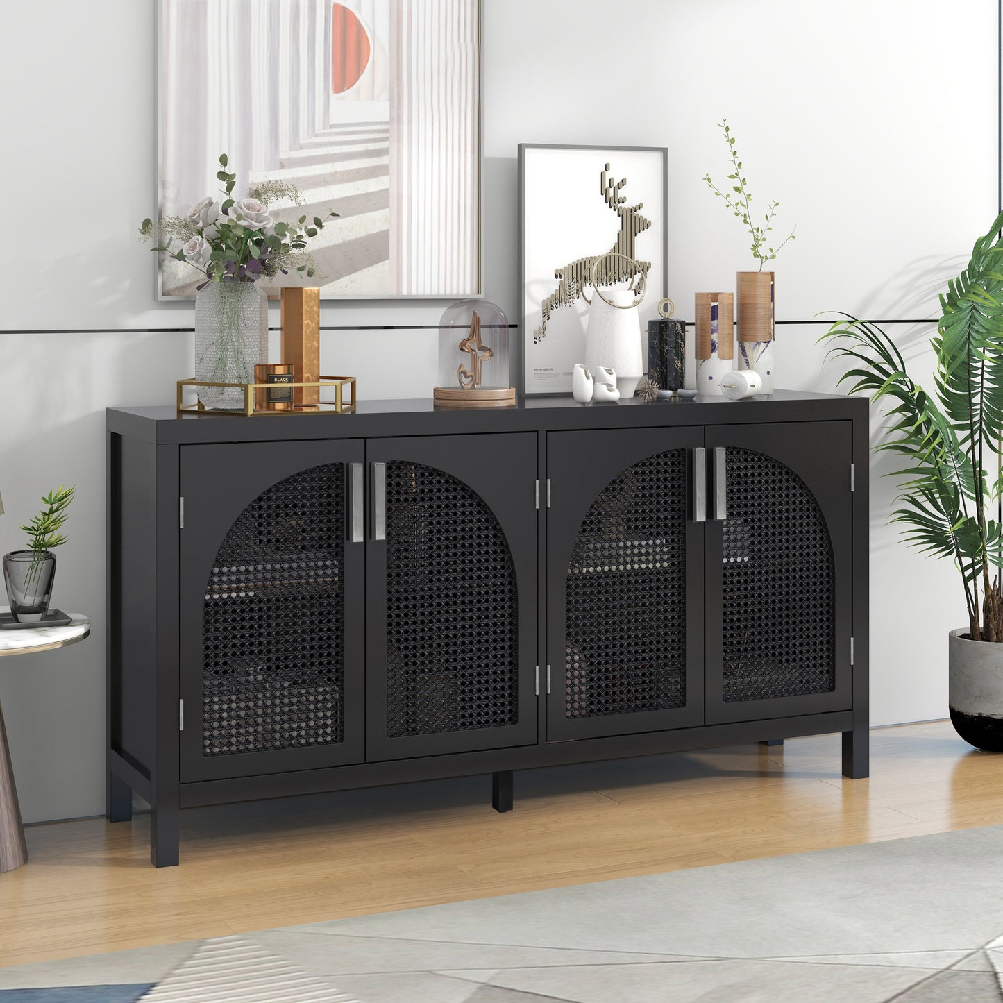 Trexm Large Storage Space Sideboard With Artificial Rattan Door And Metal Handles For Living Room And Entryway (black) - As Pic