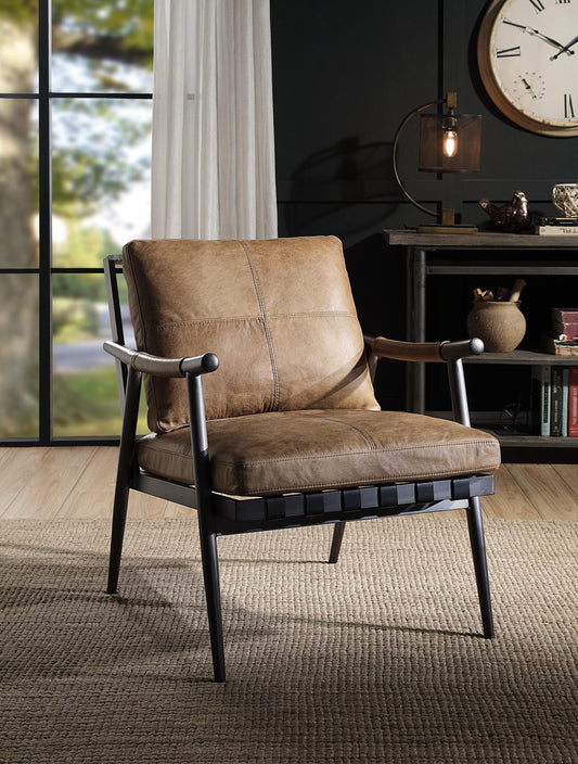 Acme Anzan Accent Chair In Berham Chestnut Top Grain Leather & Matt Iron Finish