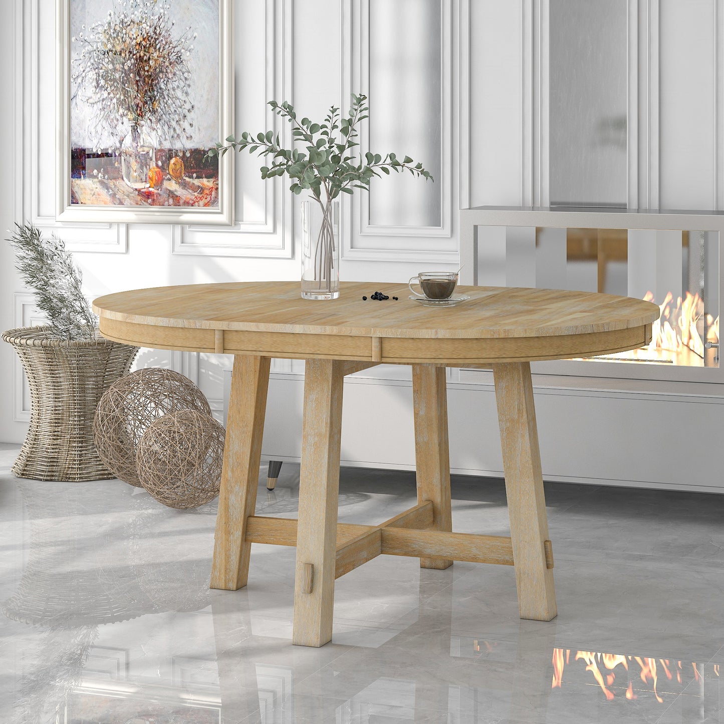 Trexm Farmhouse Round Extendable Dining Table With 16" Leaf Wood Kitchen Table (natural Wood Wash) - As Pic