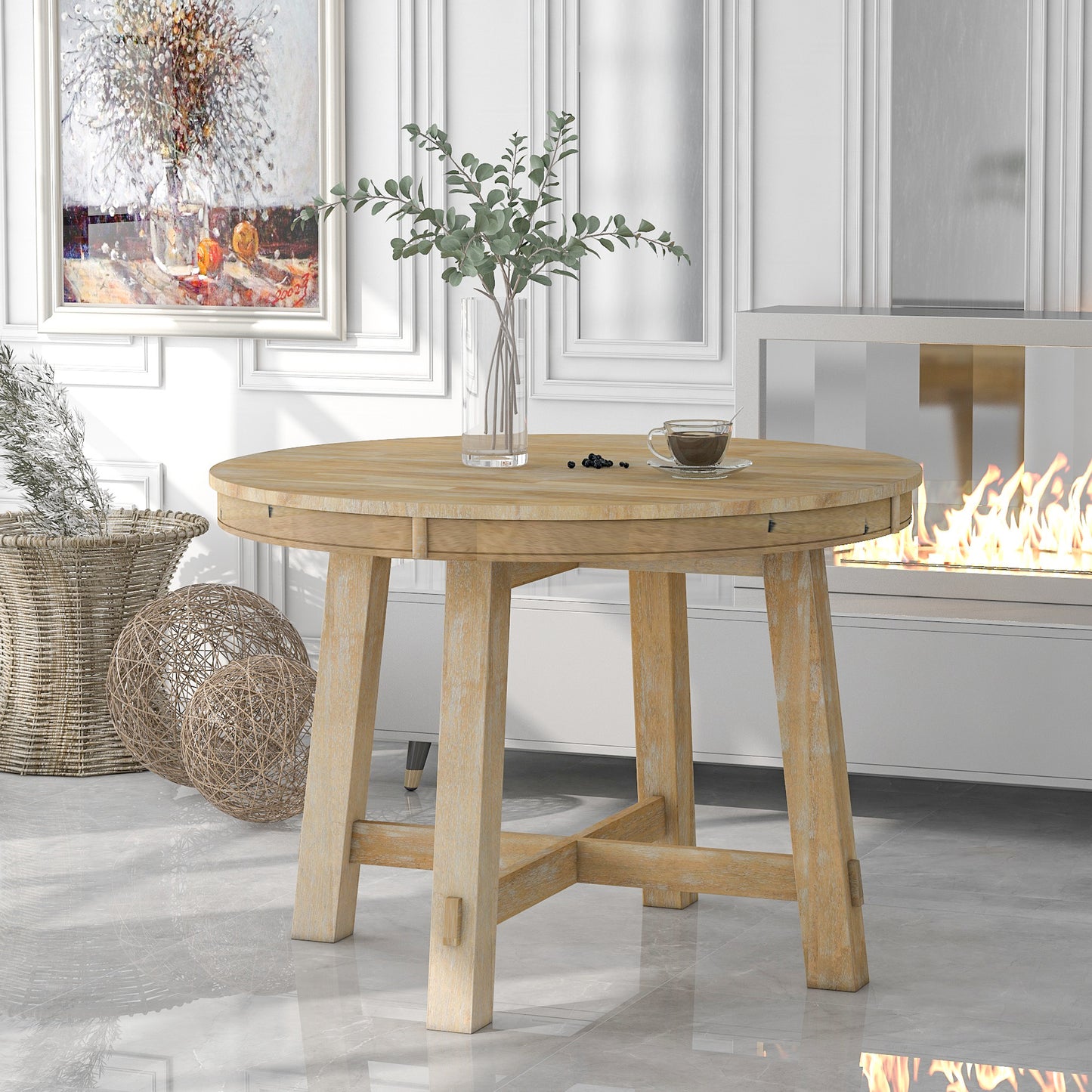 Trexm Farmhouse Round Extendable Dining Table With 16" Leaf Wood Kitchen Table (natural Wood Wash) - As Pic