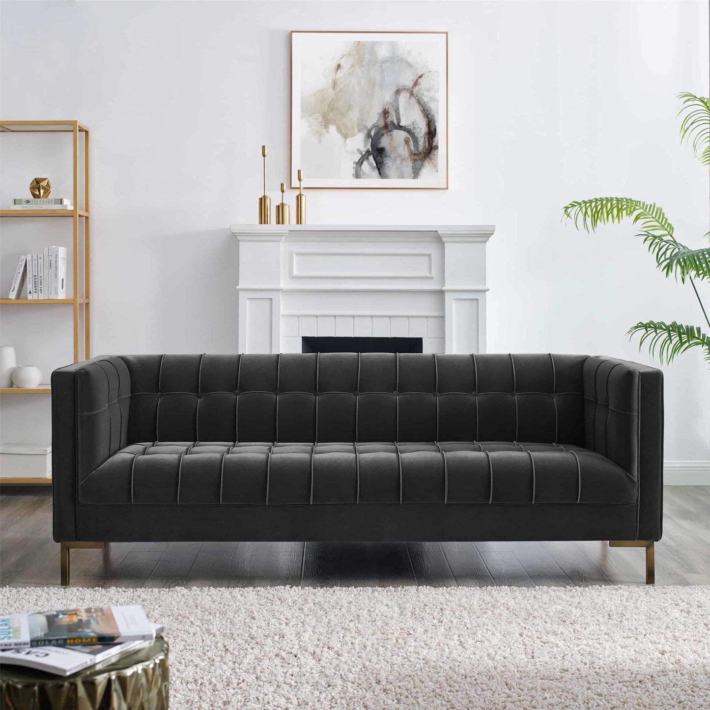 Isaac - Channel Stitch Velvet Sofa - Gray - As Pic