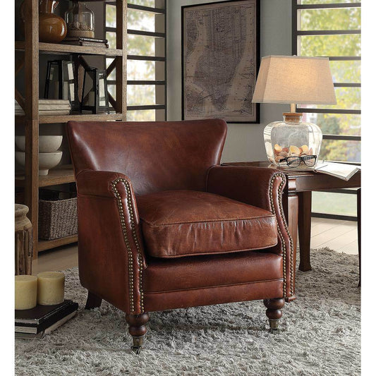 Acme Leeds Accent Chair In Vintage Dark Brown Top Grain Leather Yf