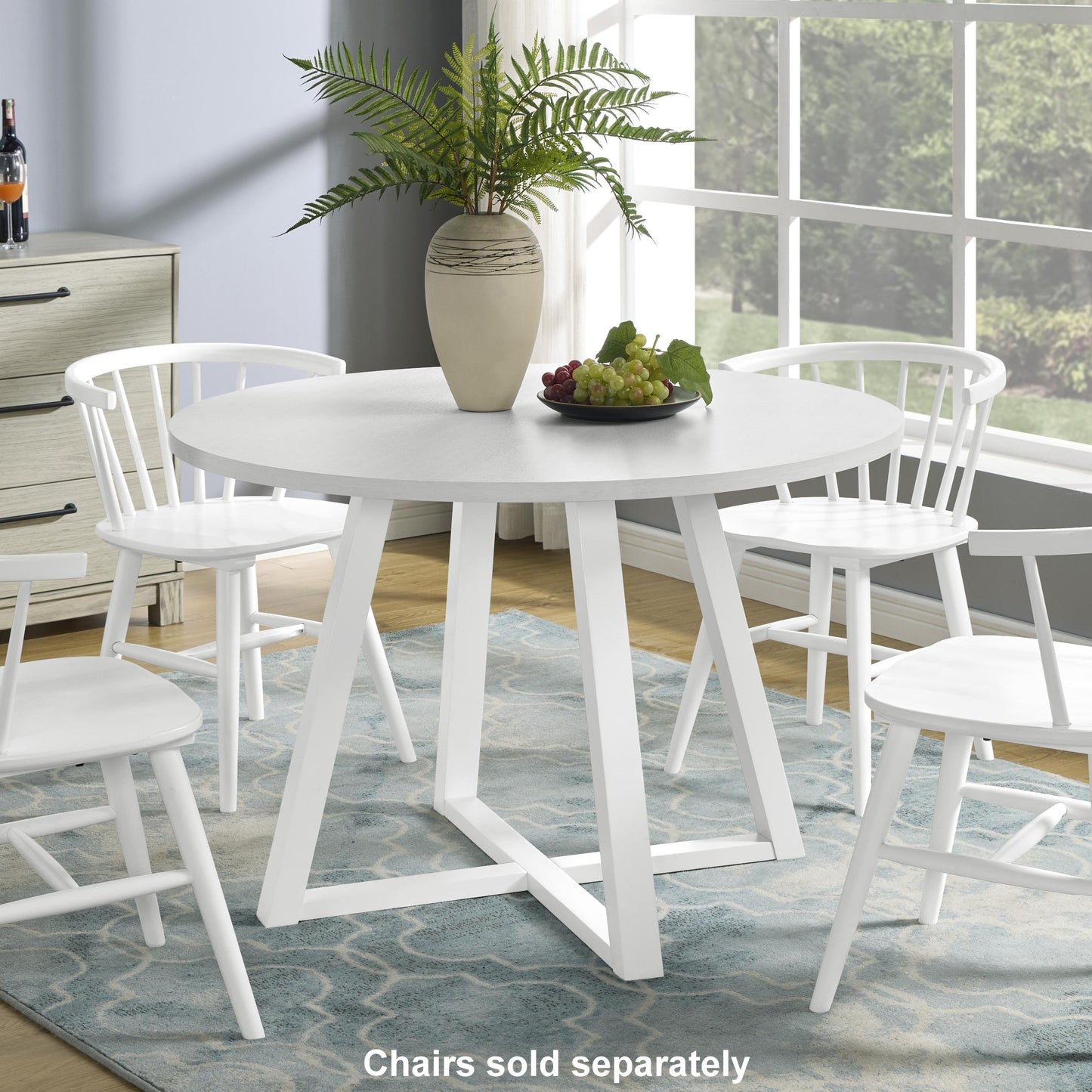 Edo Contemporary Round Dining Table, Trestle Base, White Finish - As Pic