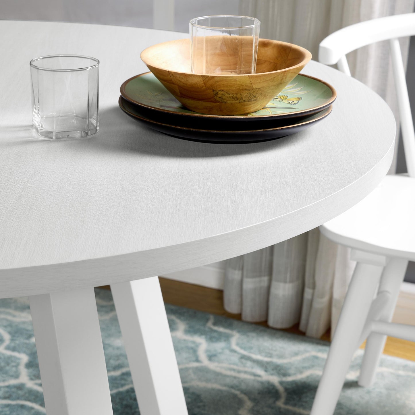 Edo Contemporary Round Dining Table, Trestle Base, White Finish - As Pic