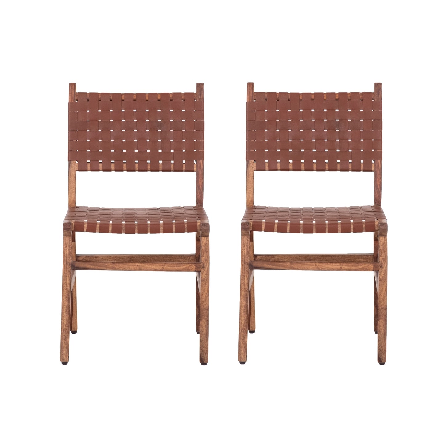 Upholstered Dining Chair Set Of 2, Genuine Leather Woven Side Chair, Rustic Hardwood Frame, Brown - As Pic