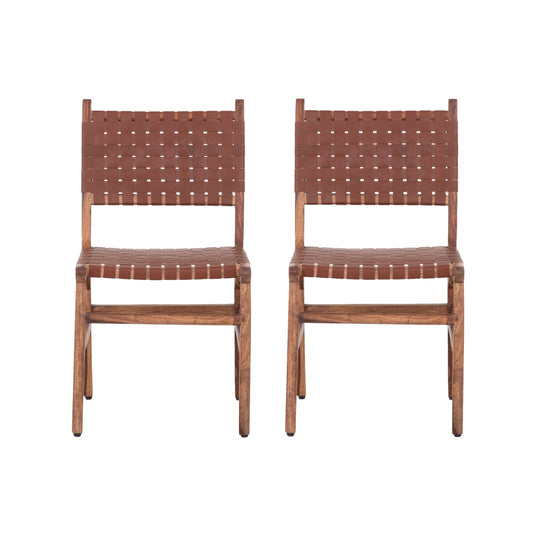 Upholstered Dining Chair Set Of 2, Genuine Leather Woven Side Chair, Rustic Hardwood Frame, Brown - As Pic