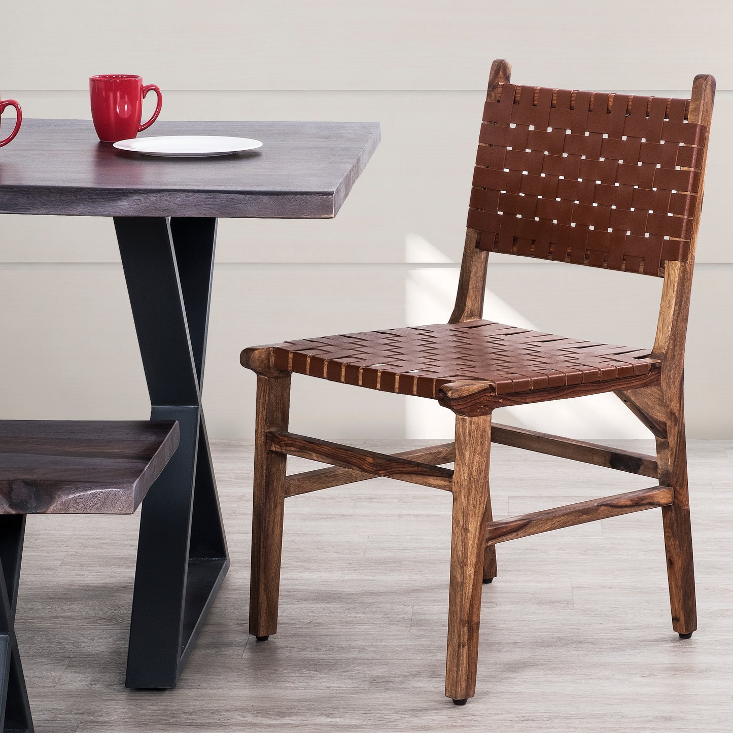 Upholstered Dining Chair Set Of 2, Genuine Leather Woven Side Chair, Rustic Hardwood Frame, Brown - As Pic