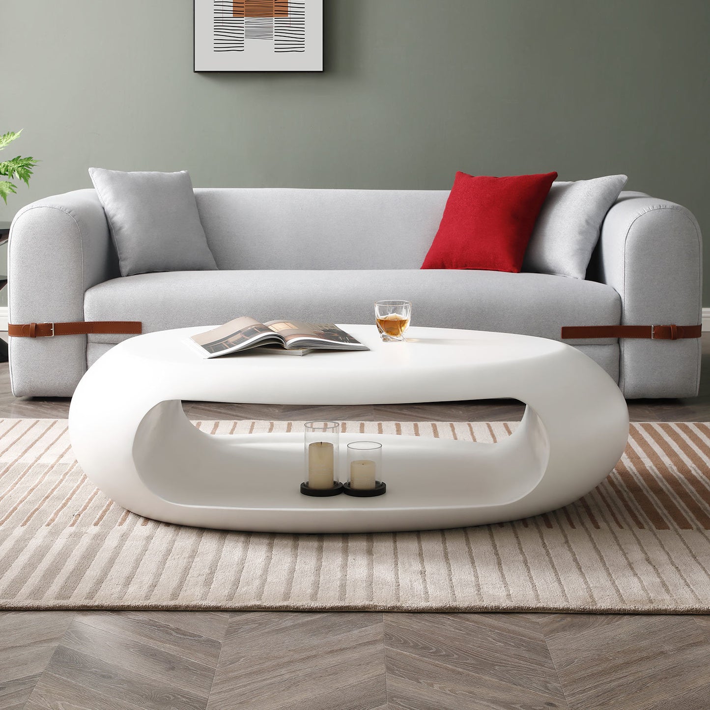 53.93" Oval Coffee Table, Sturdy Fiberglass Table For Living Room, White, No Need Assembly - As Pic