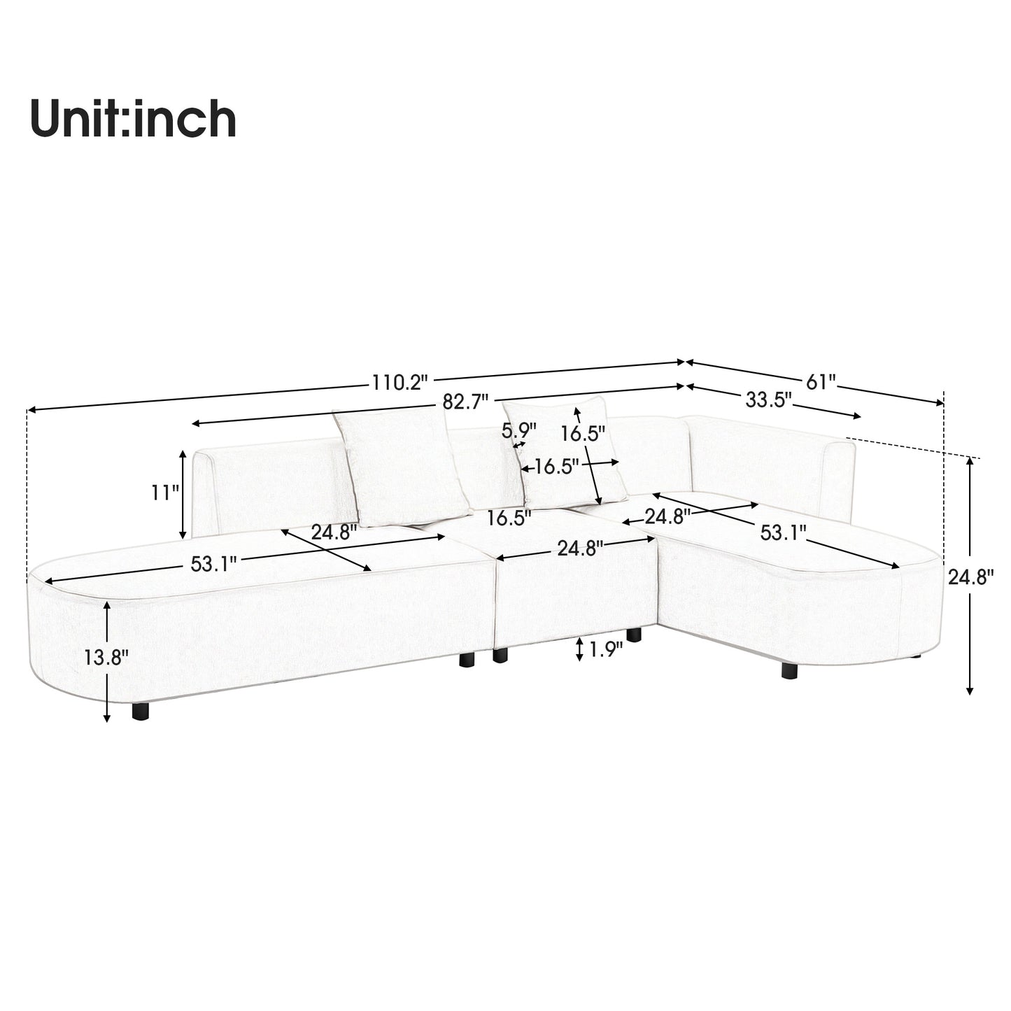 L-shaped Sectional Luxury Modern Style Living Room Upholstery Sofa - Beige