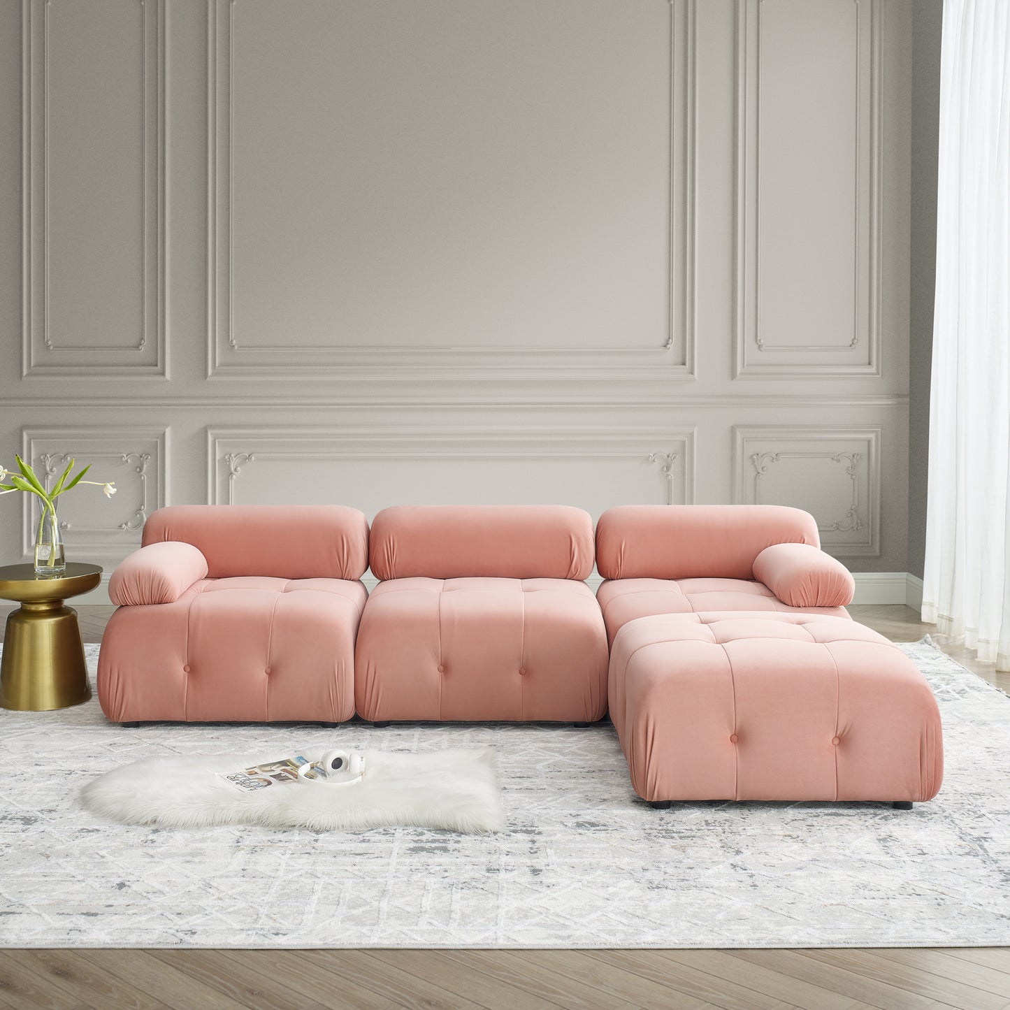 Modular Sectional Sofa, Button Tufted Designed And Diy Combination,l Shaped Couch With Reversible Ottoman, Pink Velvet - As Pic