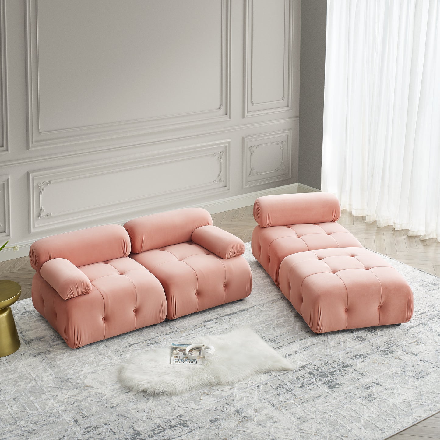 Modular Sectional Sofa, Button Tufted Designed And Diy Combination,l Shaped Couch With Reversible Ottoman, Pink Velvet - As Pic