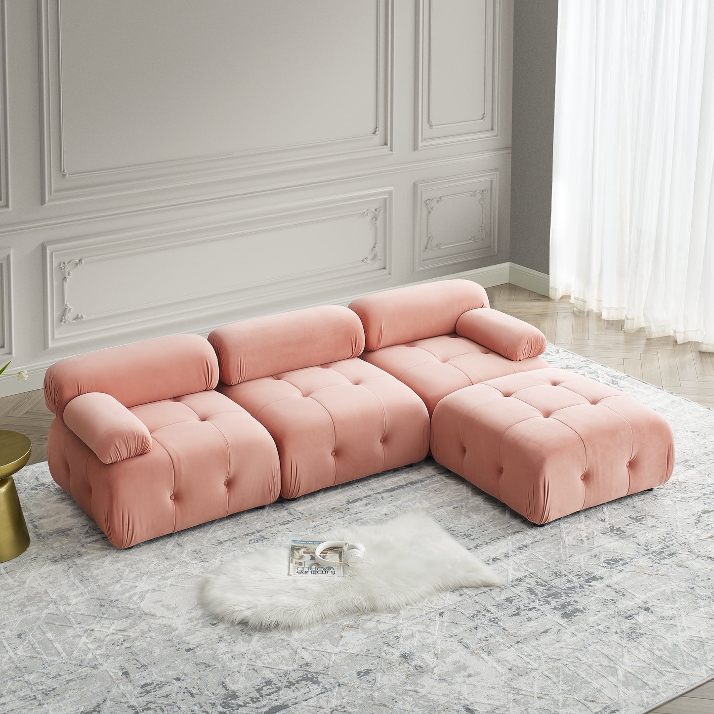 Modular Sectional Sofa, Button Tufted Designed And Diy Combination,l Shaped Couch With Reversible Ottoman, Pink Velvet - As Pic