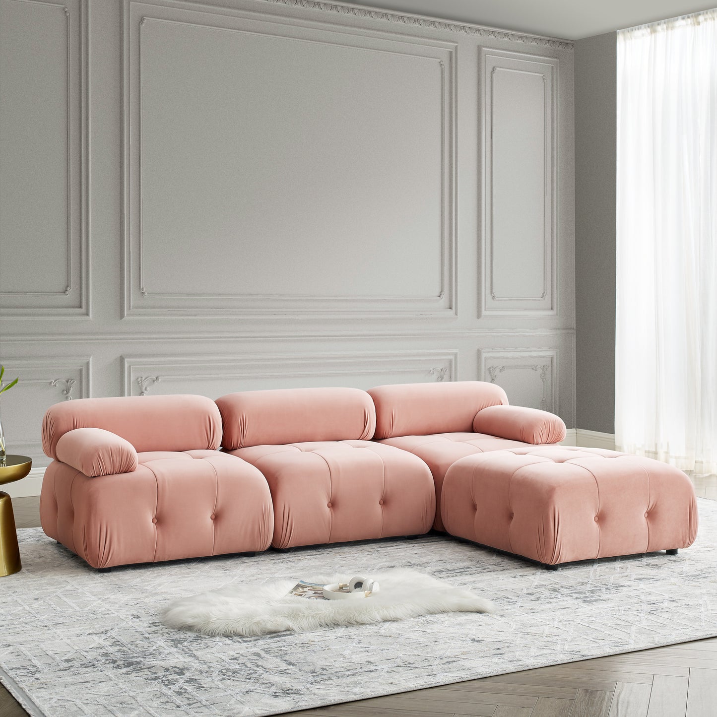 Modular Sectional Sofa, Button Tufted Designed And Diy Combination,l Shaped Couch With Reversible Ottoman, Pink Velvet - As Pic