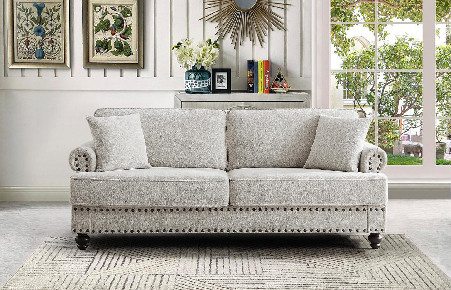 Chenille Sofa With Nails And Armrests