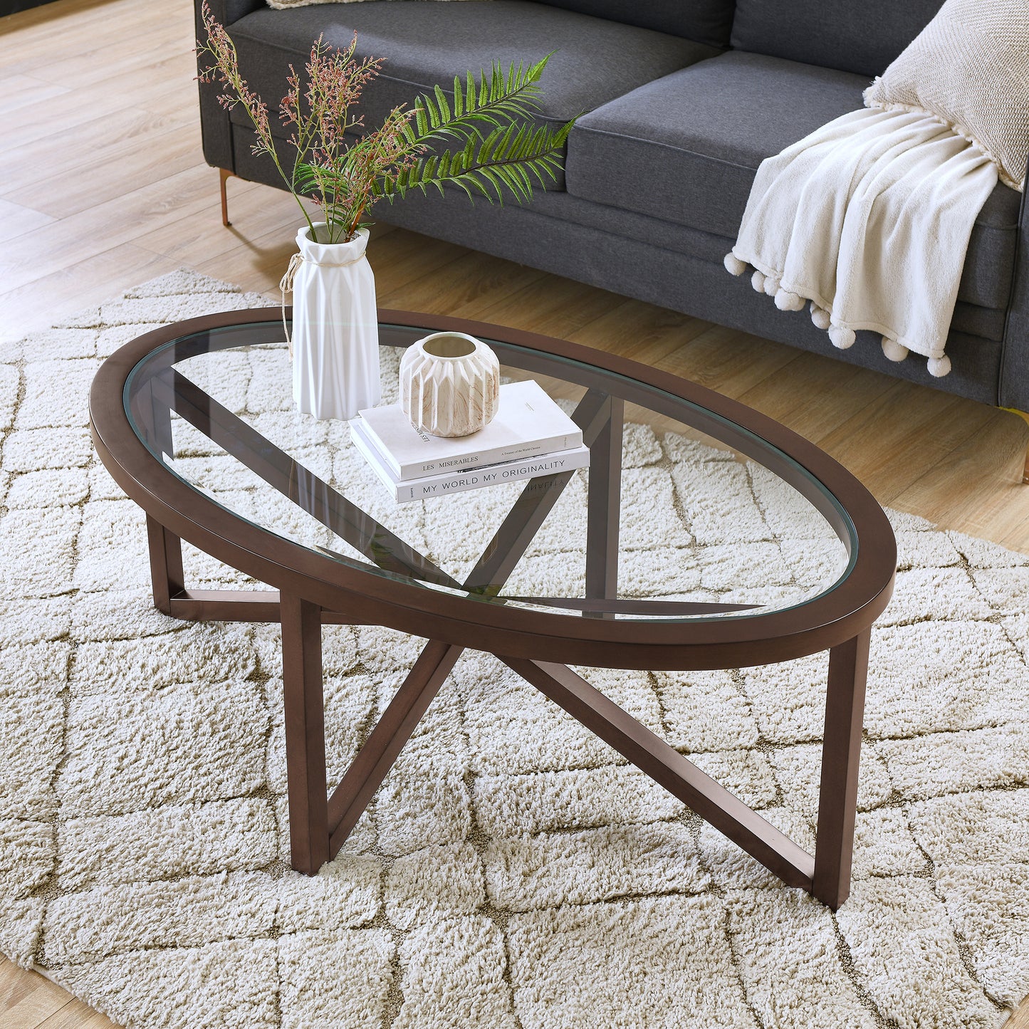 Modern Simple Glass Coffee Table, Tempered Glass Coffee Table Solid Wood Base Round Transparent Glass Top Modern Living Room Terrace Study Coffee Table - As Pic