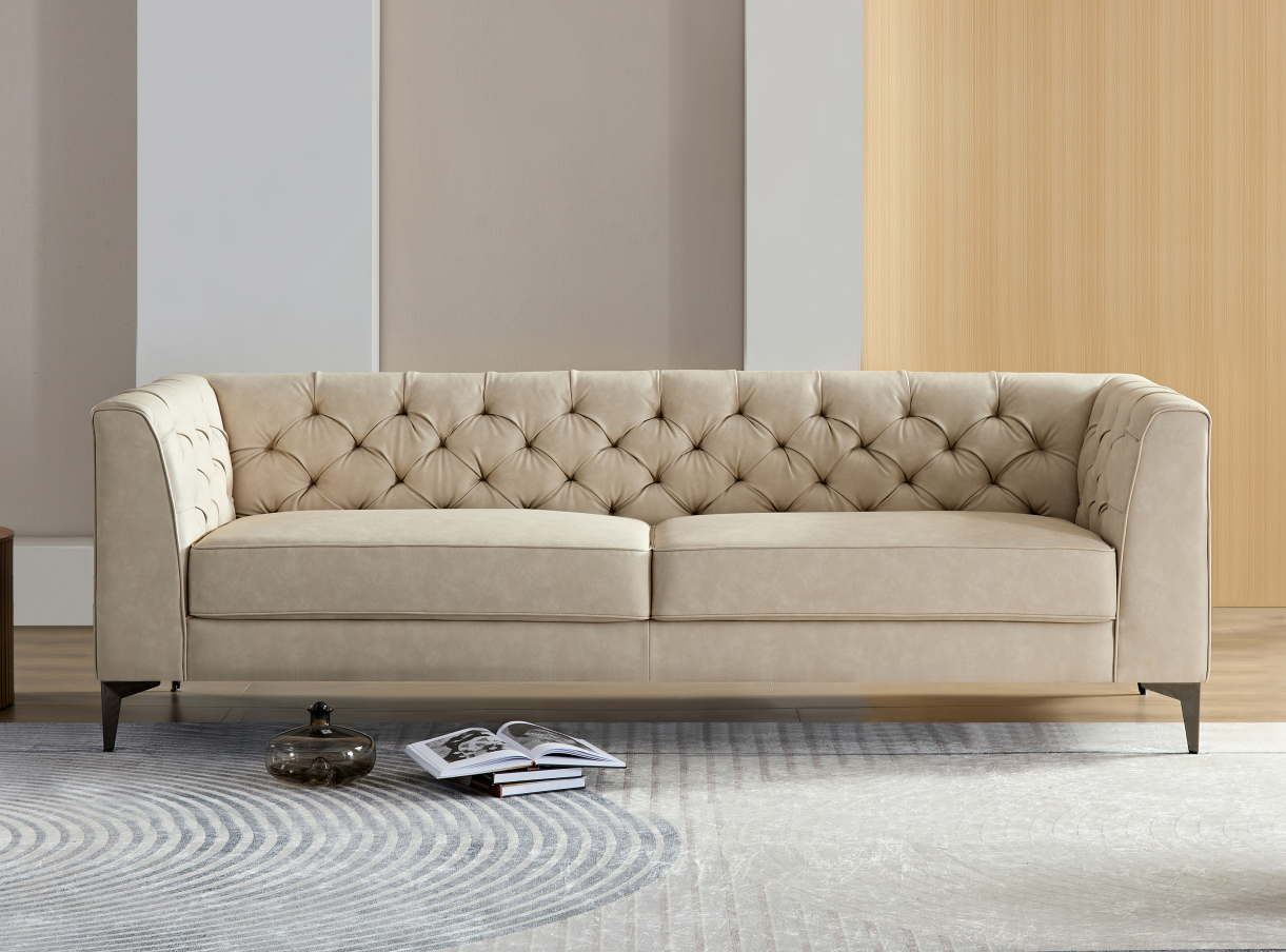 Wks5g Elegant Beige Leather Main Color, The Sofa Presents A Calm And Elegant Appearance - As Pic