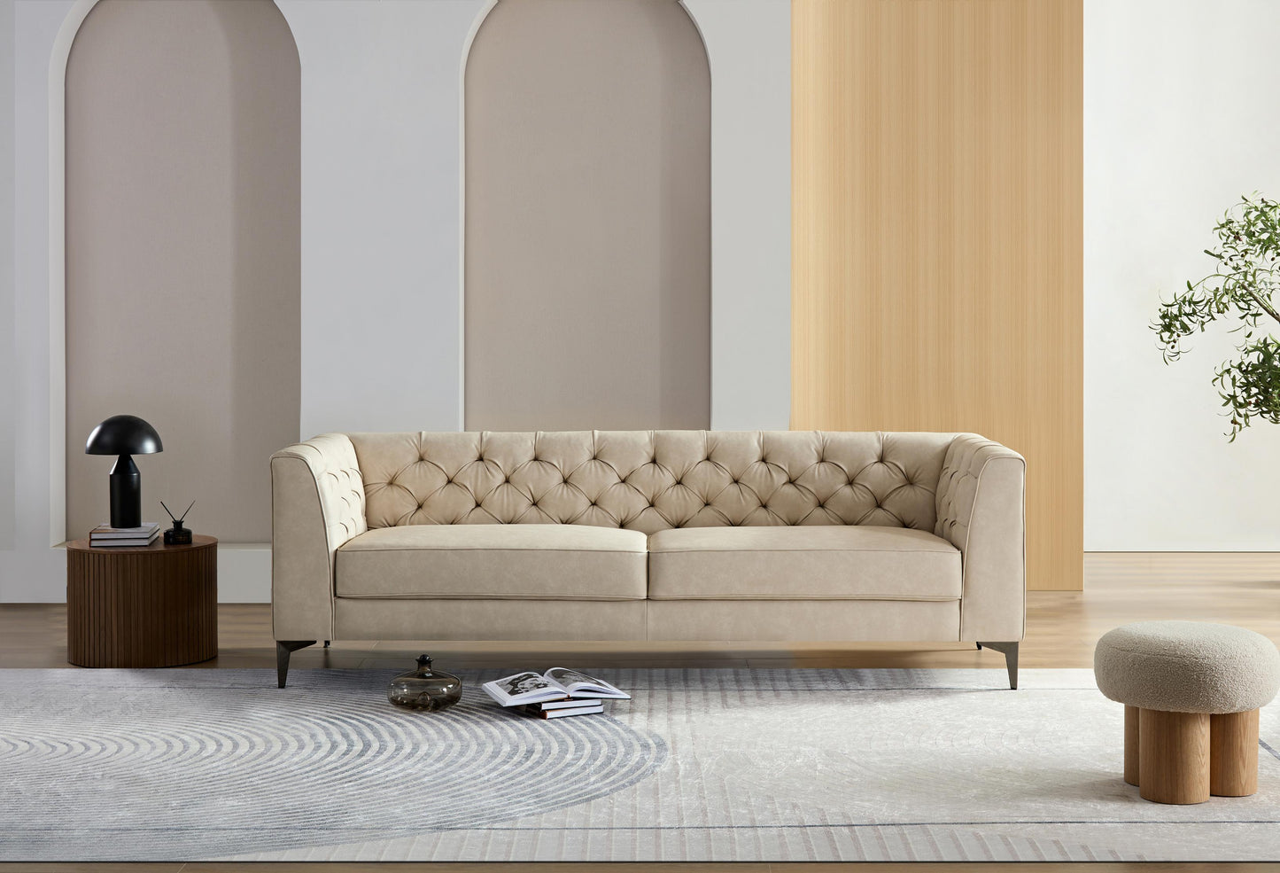 Wks5g Elegant Beige Leather Main Color, The Sofa Presents A Calm And Elegant Appearance - As Pic