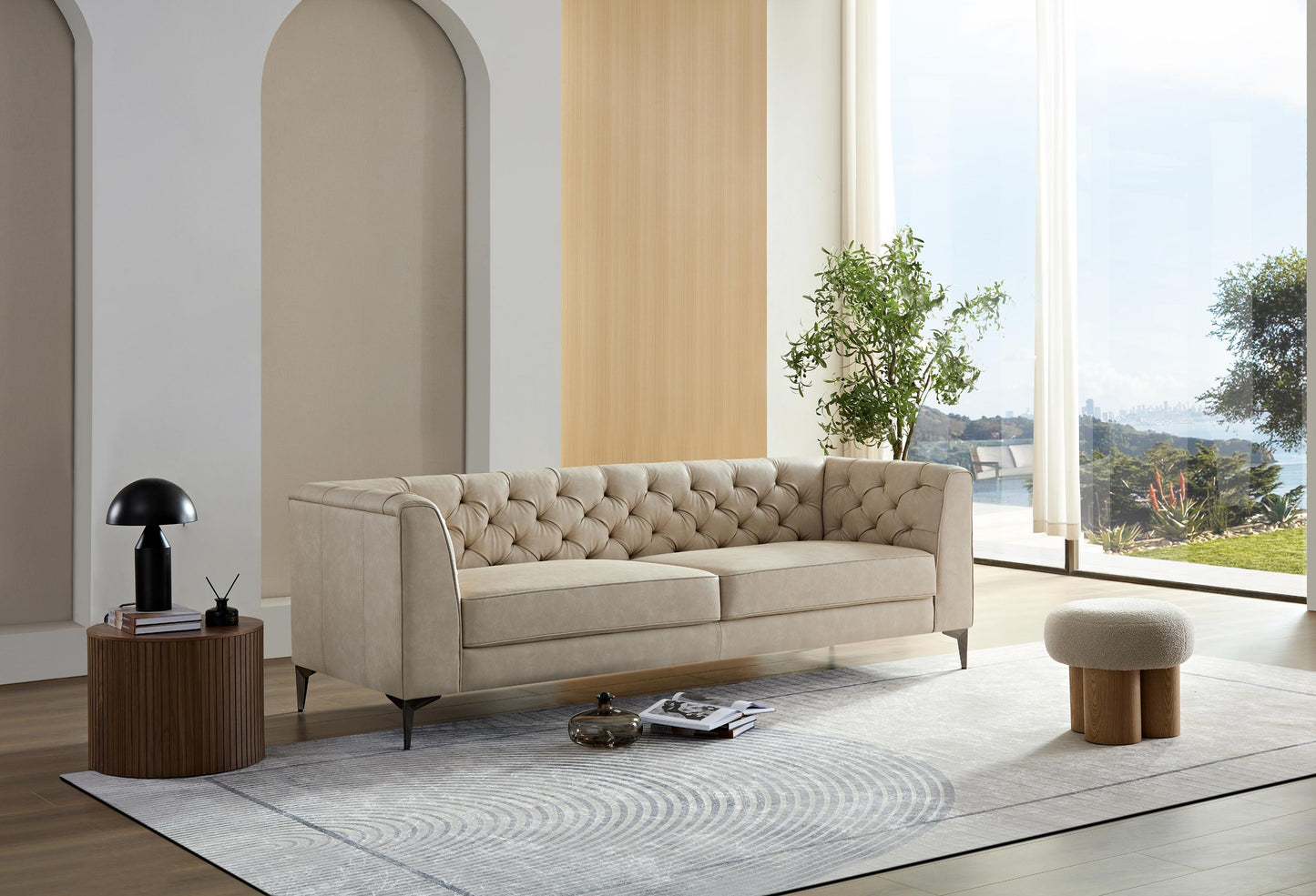 Wks5g Elegant Beige Leather Main Color, The Sofa Presents A Calm And Elegant Appearance - As Pic