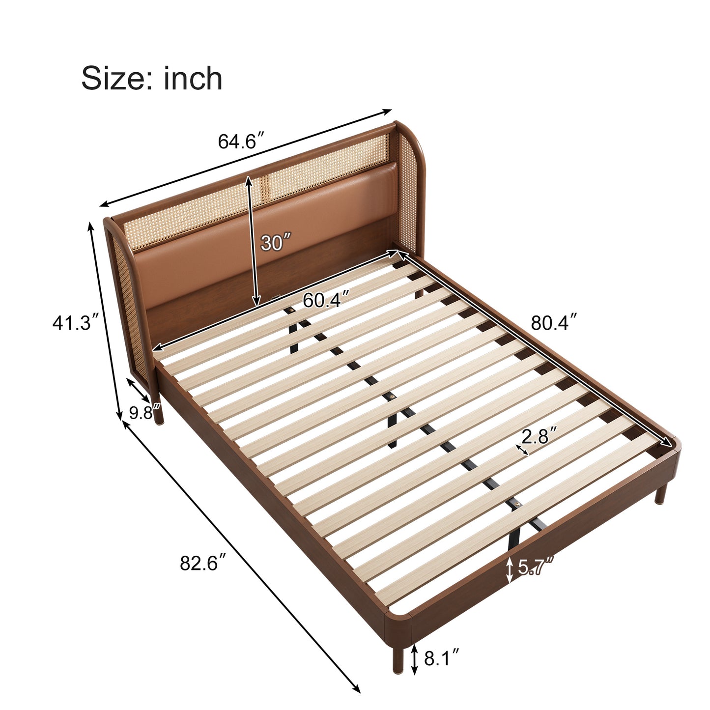 Modern Cannage Rattan Wood Platform Queen Bed, Walnut - As Pic