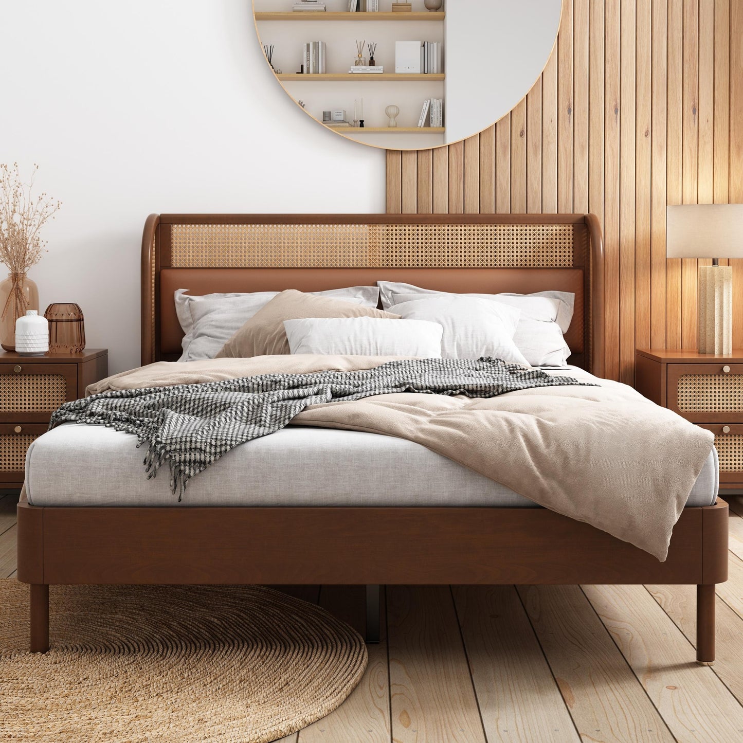 Modern Cannage Rattan Wood Platform Queen Bed, Walnut - As Pic