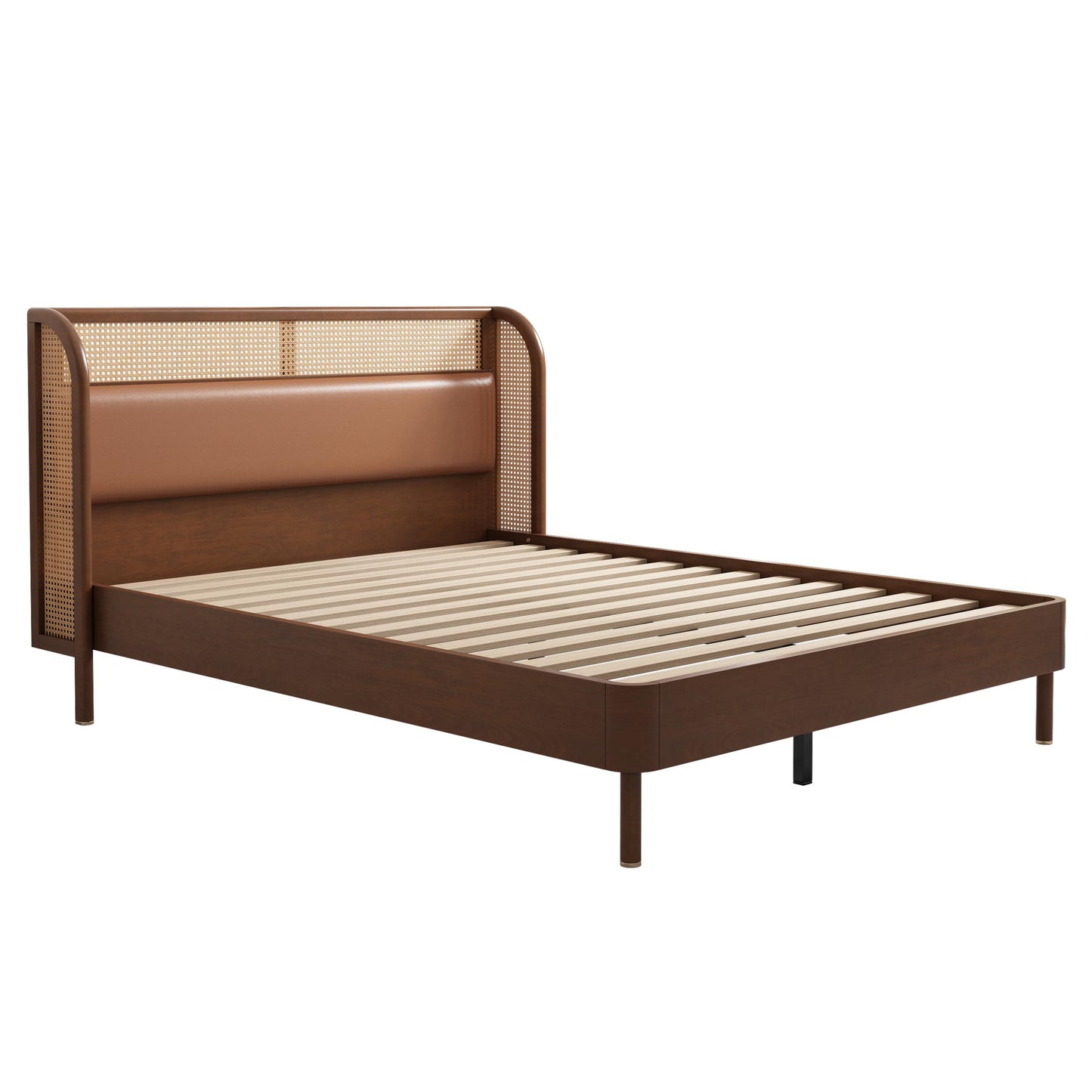 Modern Cannage Rattan Wood Platform Queen Bed, Walnut - As Pic