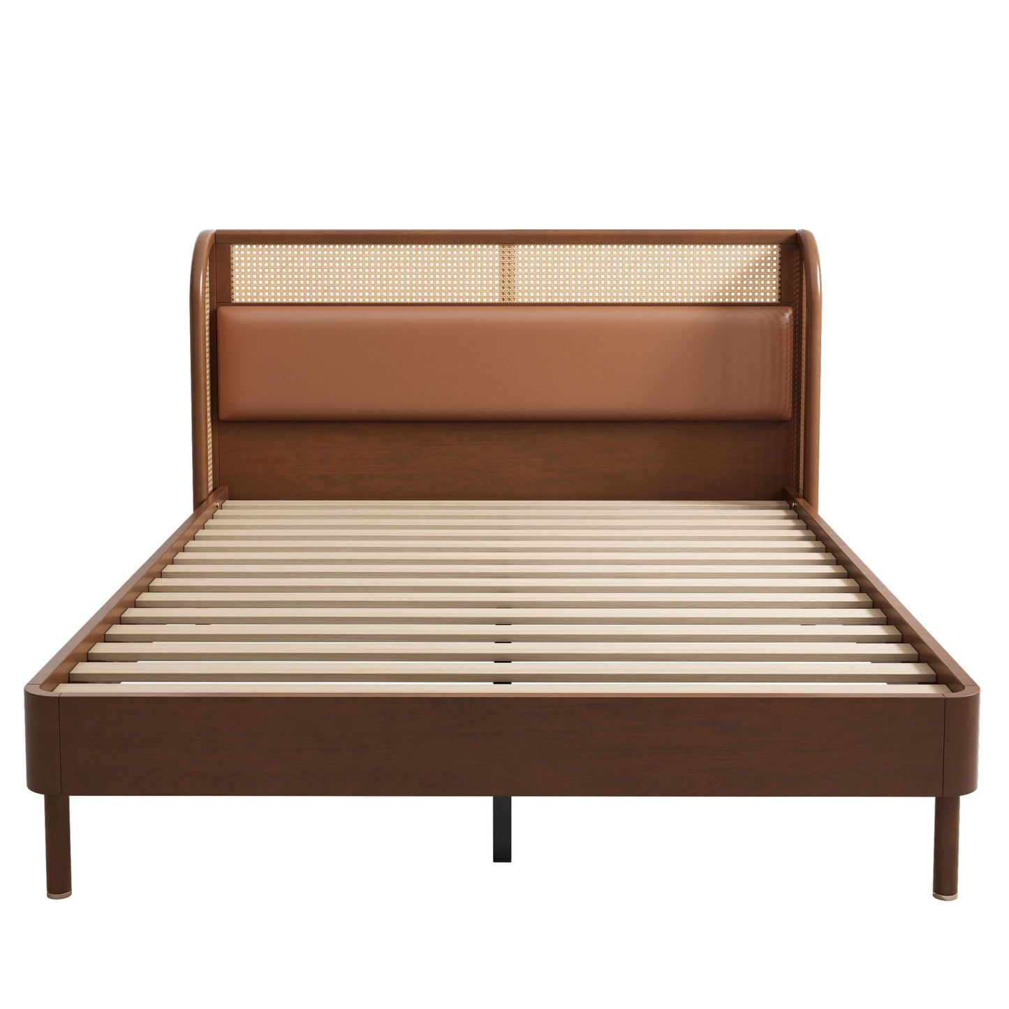 Modern Cannage Rattan Wood Platform Queen Bed, Walnut - As Pic