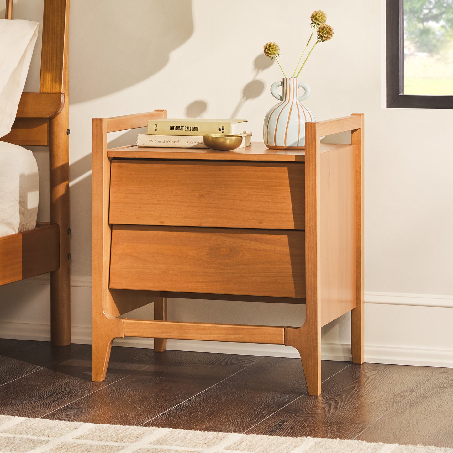 Scandi Angle Face Solid Wood Nightstand – Caramel - As Pic