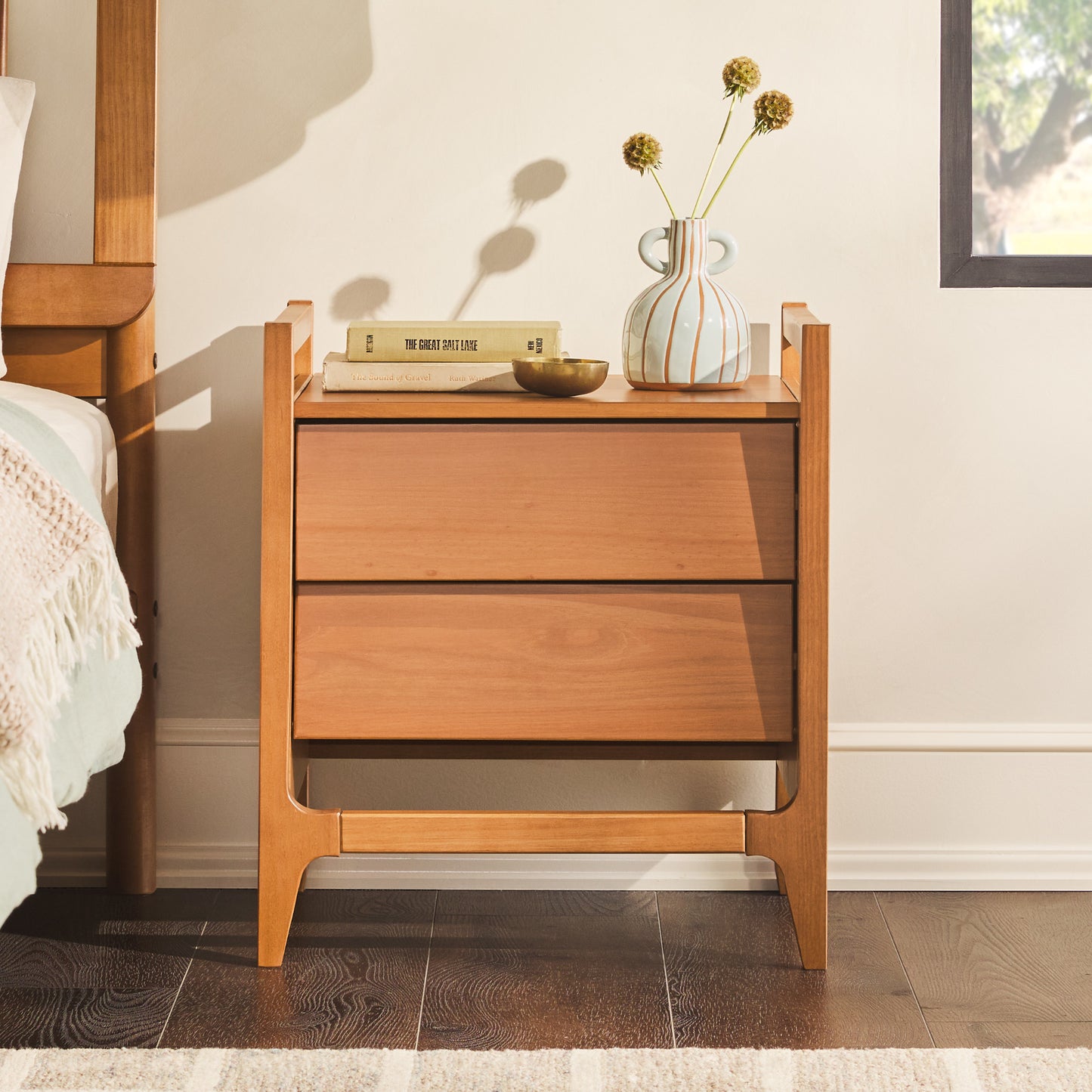 Scandi Angle Face Solid Wood Nightstand – Caramel - As Pic