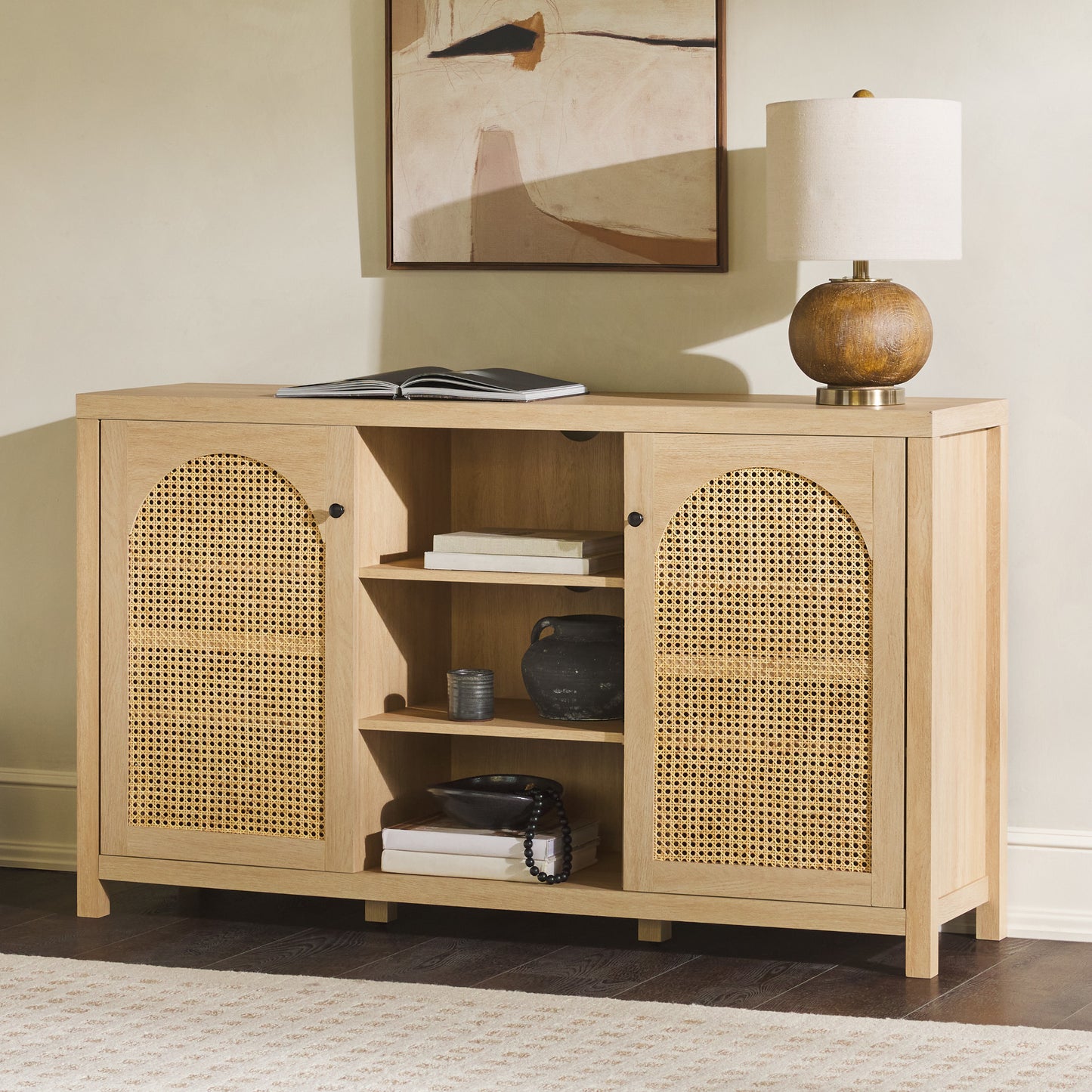 Transitional 58" 2-door Sideboard With Arched Rattan Panels, Black - As Pic