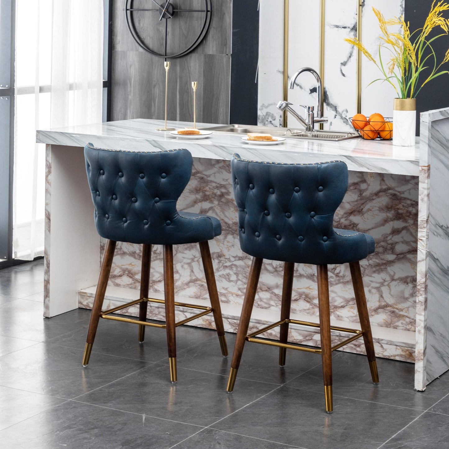 Nevis Mid-century Modern Faux Leather Tufted Nailhead Trim Counter Stool Set Of 2, Blue - As Pic