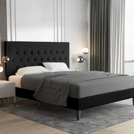 Queen Size Bed Frame Upholstered Platform Bed With Adjustable Headboard